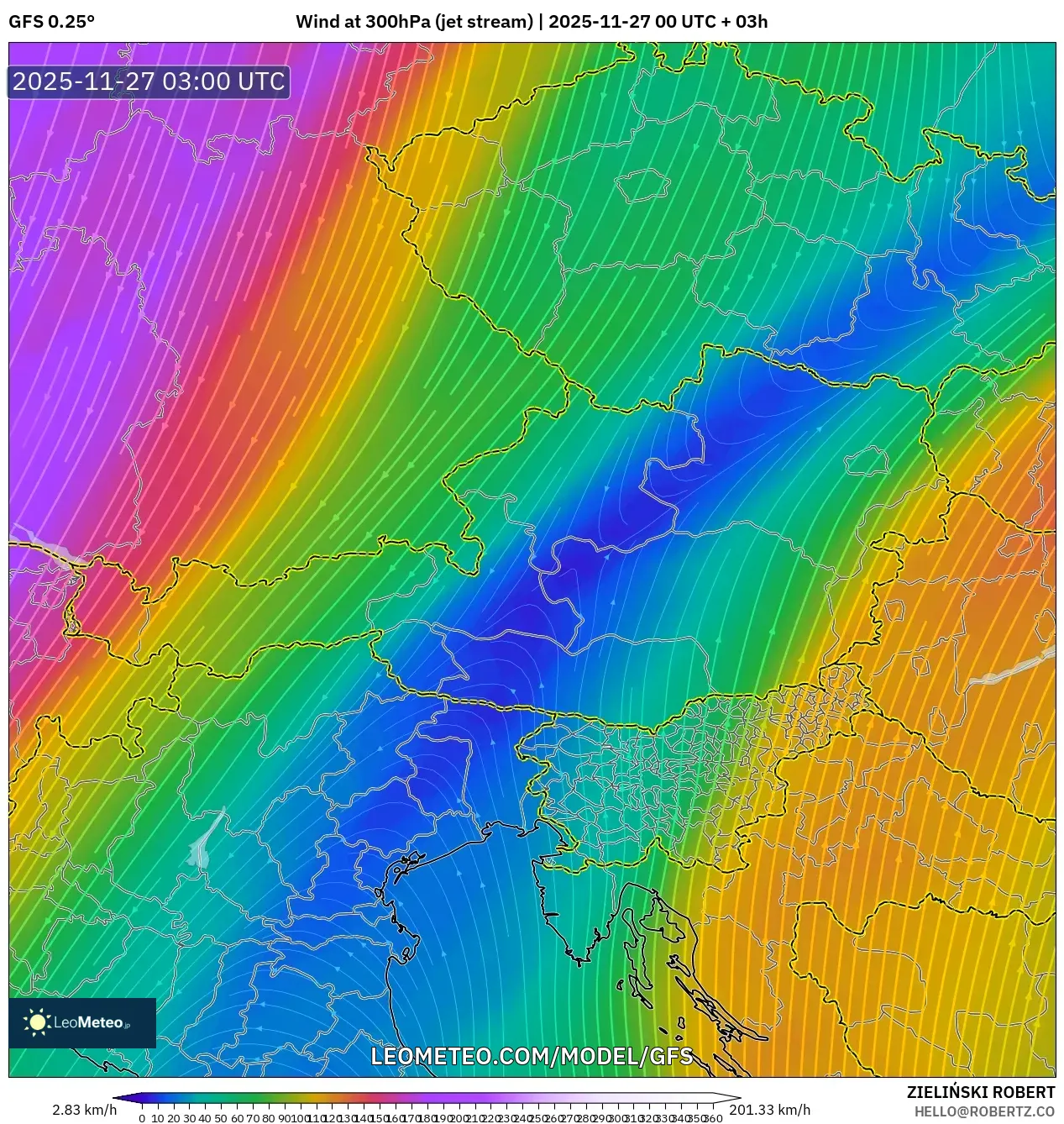 GFS model - Austria, Wind at 300hPa (jet stream)
