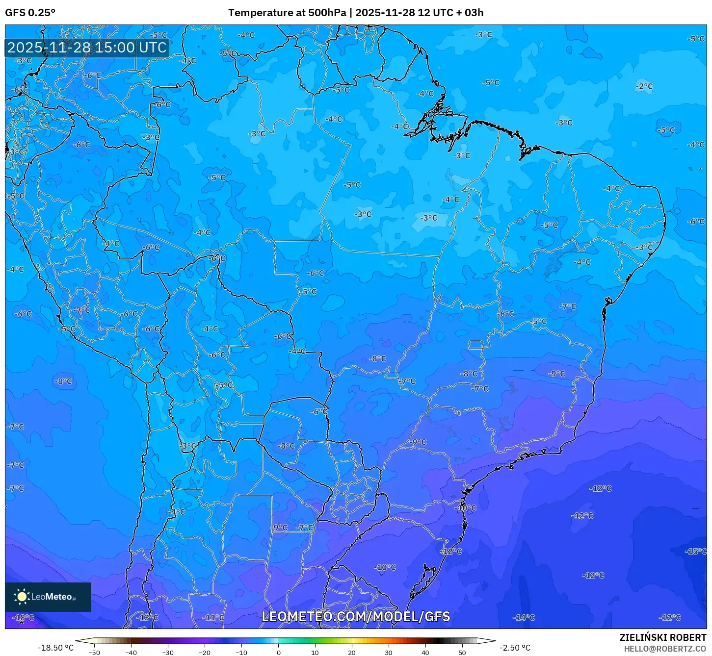 GFS model - Brazil, Temperature at 500hPa