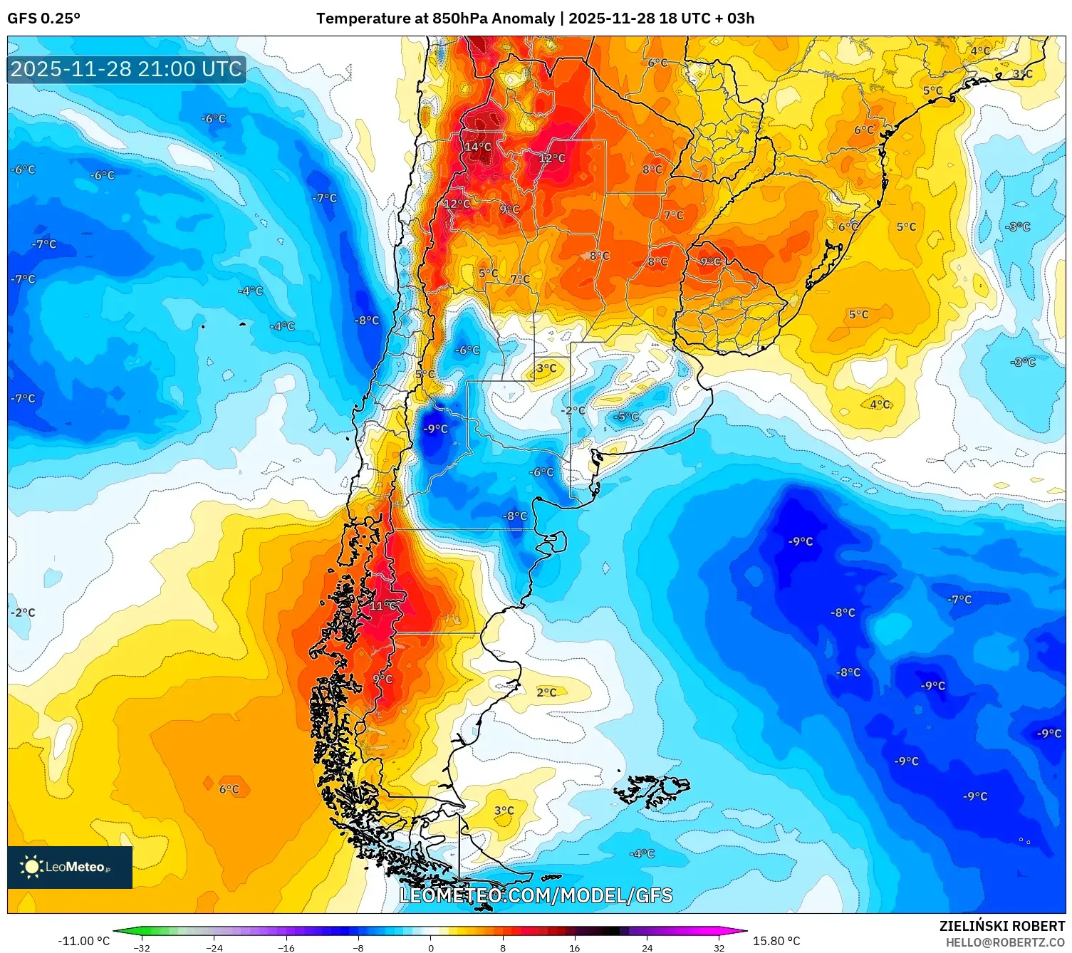 GFS model - Argentina, Temperature at 850hPa Anomaly