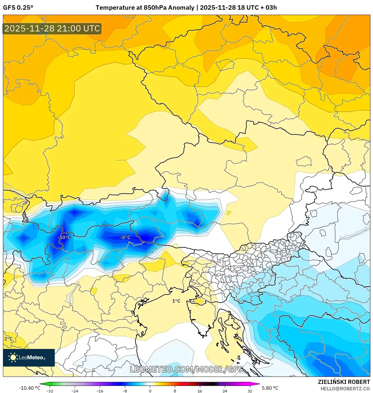 GFS model - Austria, Temperature at 850hPa Anomaly