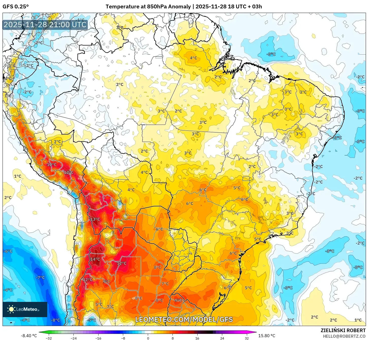 GFS model - Brazil, Temperature at 850hPa Anomaly