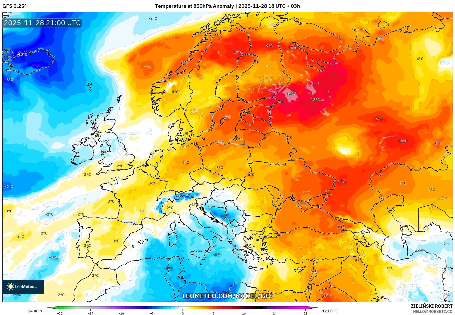 GFS model - Europe, Temperature at 850hPa Anomaly