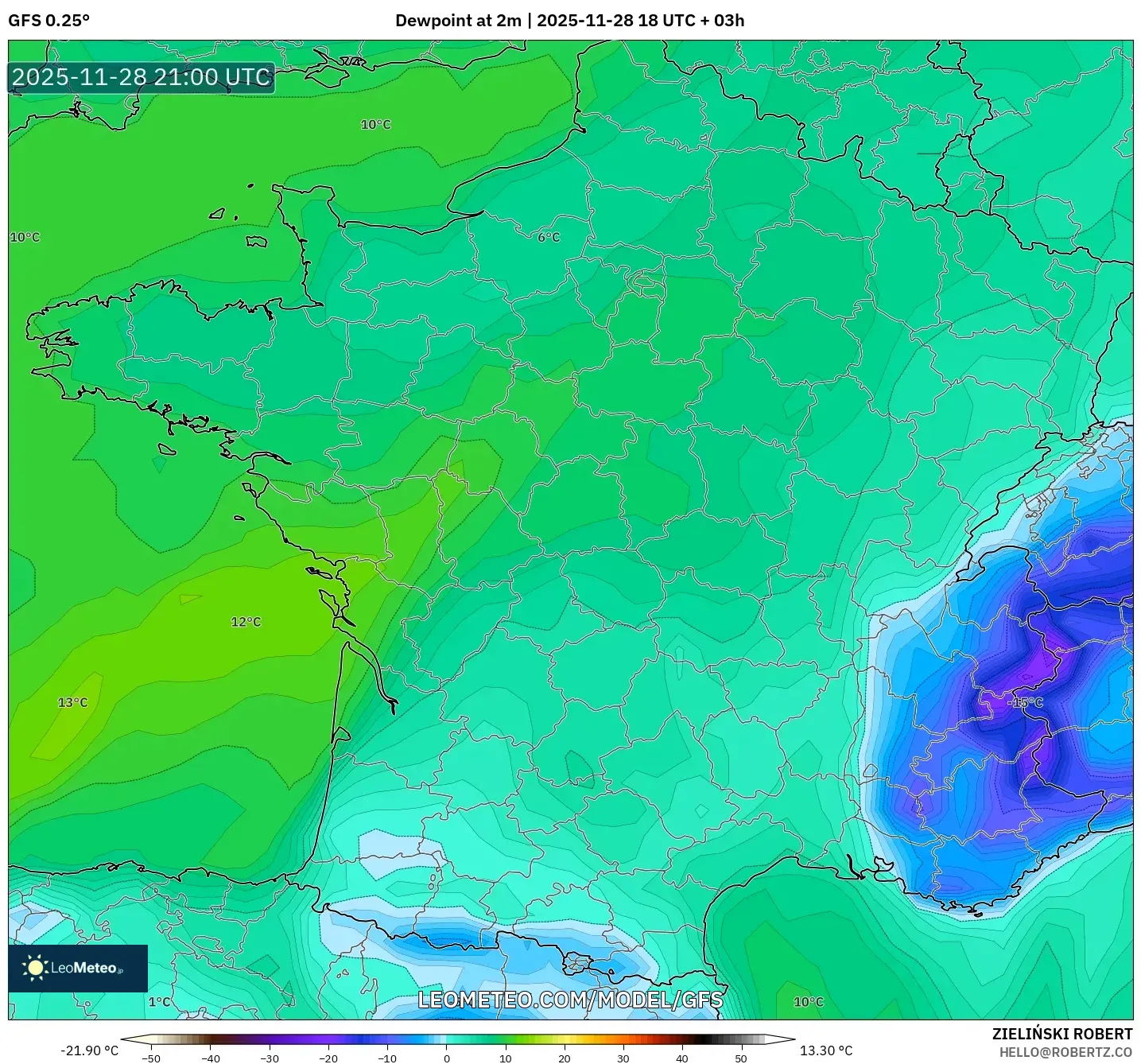 GFS model - France, Dewpoint at 2m