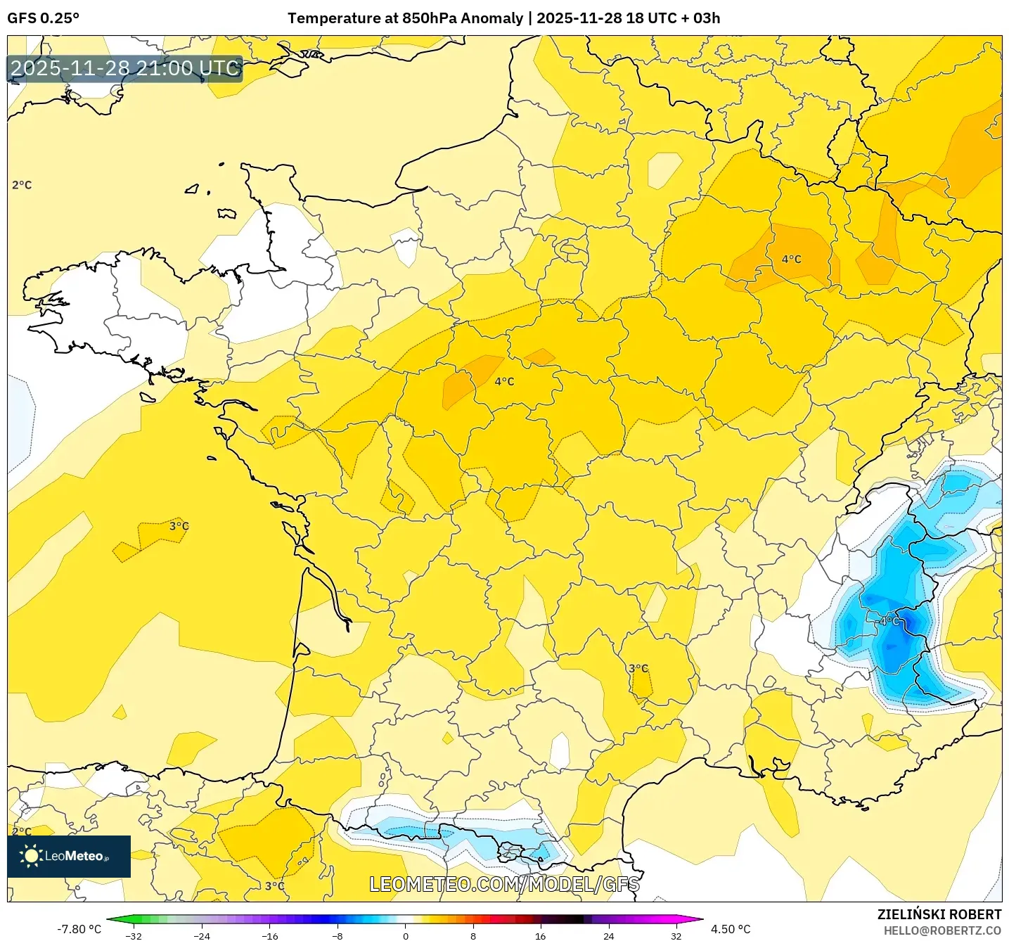 GFS model - France, Temperature at 850hPa Anomaly