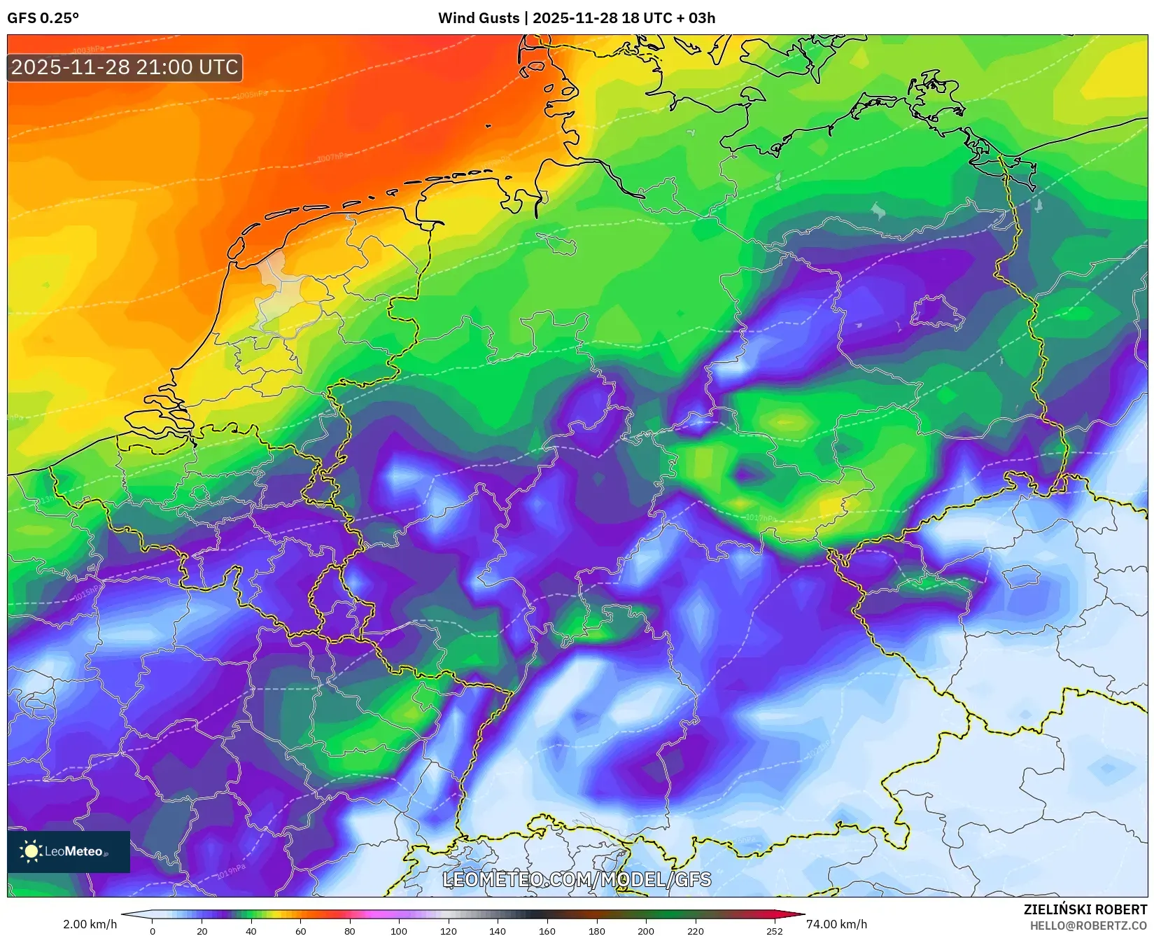 GFS model - Germany, Wind Gusts