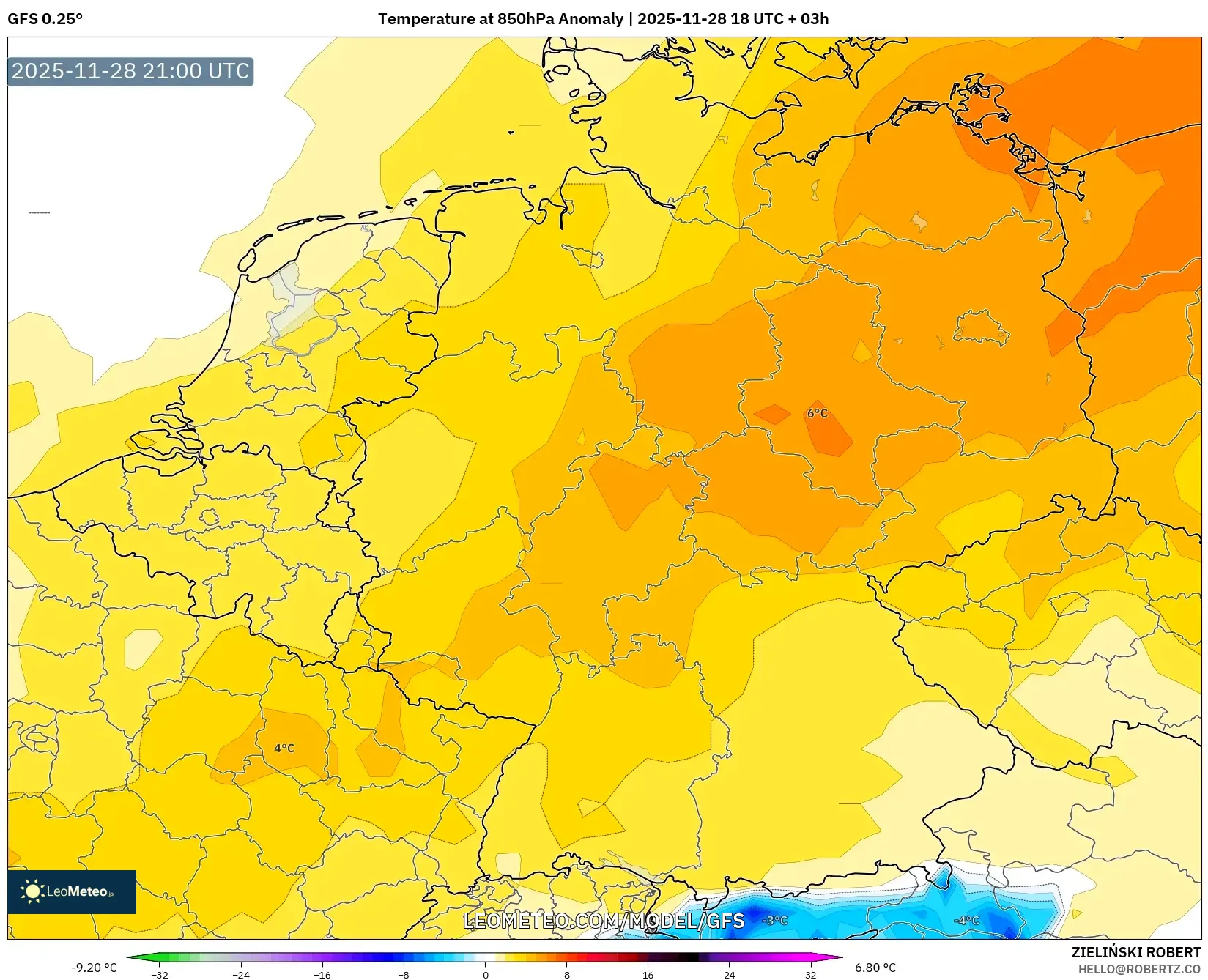 GFS model - Germany, Temperature at 850hPa Anomaly