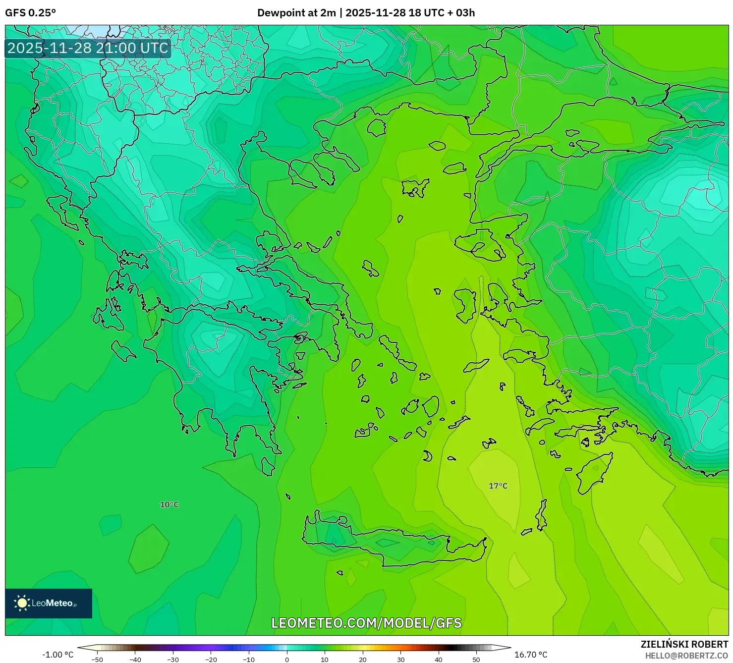 GFS model - Greece, Dewpoint at 2m