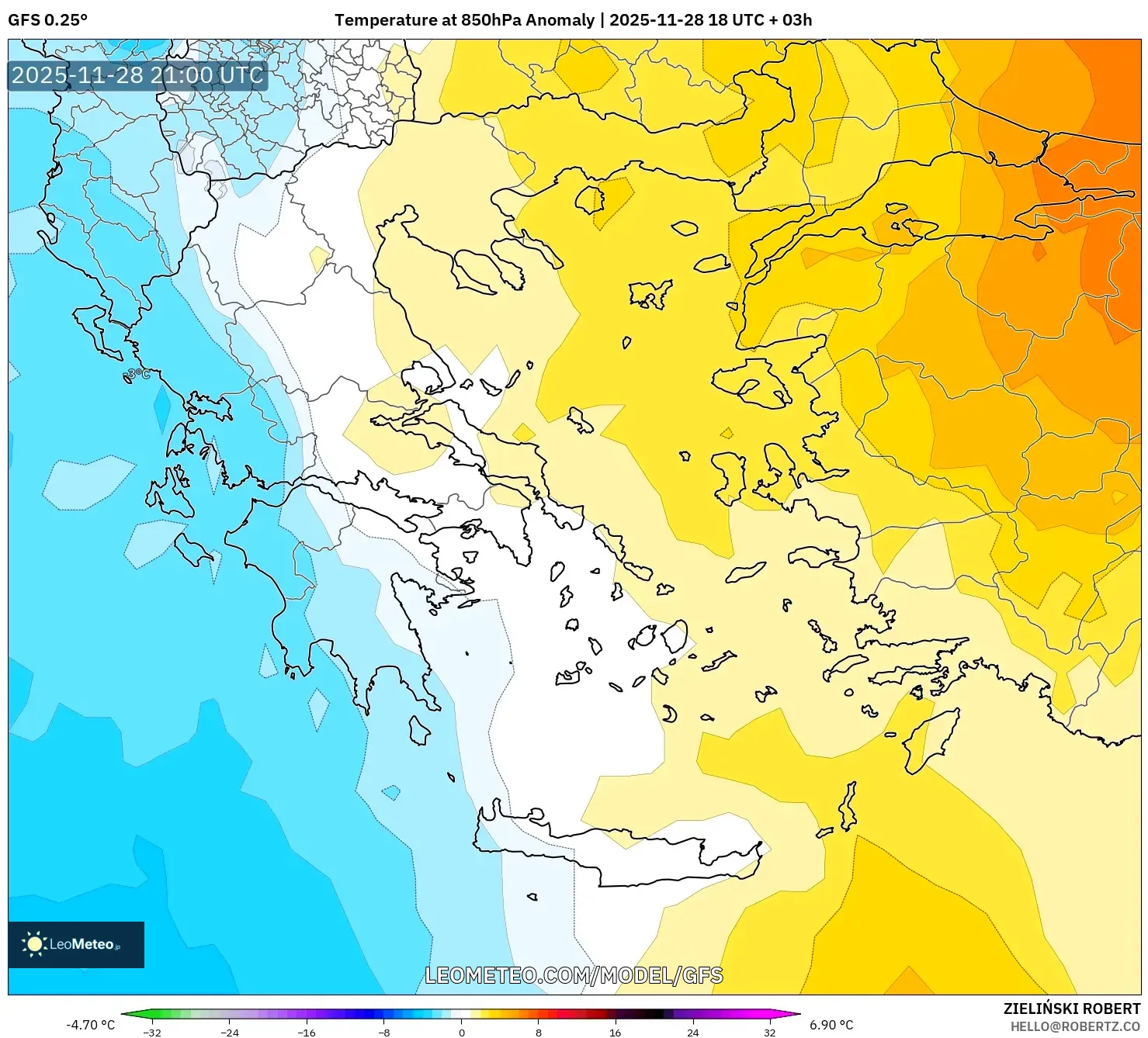 GFS model - Greece, Temperature at 850hPa Anomaly