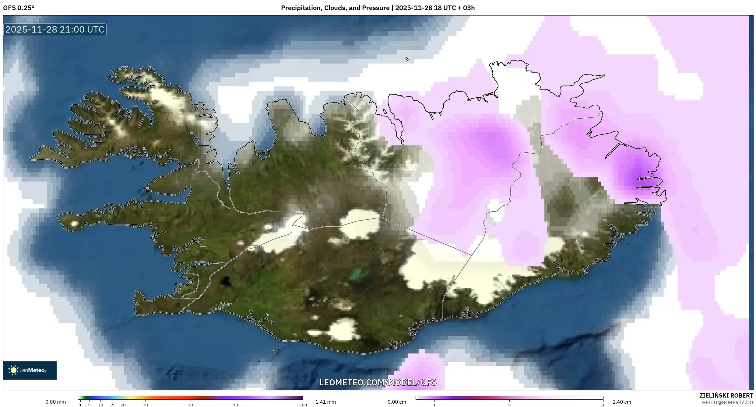 GFS model - Iceland, Precipitation, Clouds, and Pressure