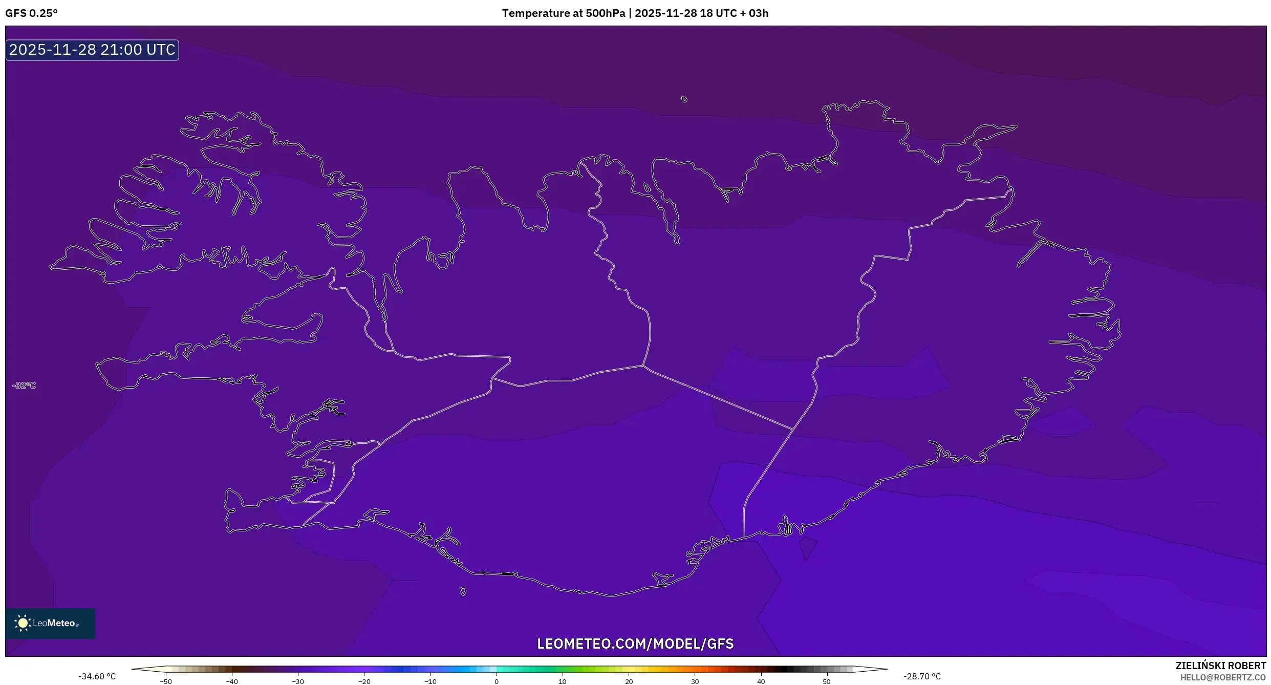 GFS model - Iceland, Temperature at 500hPa