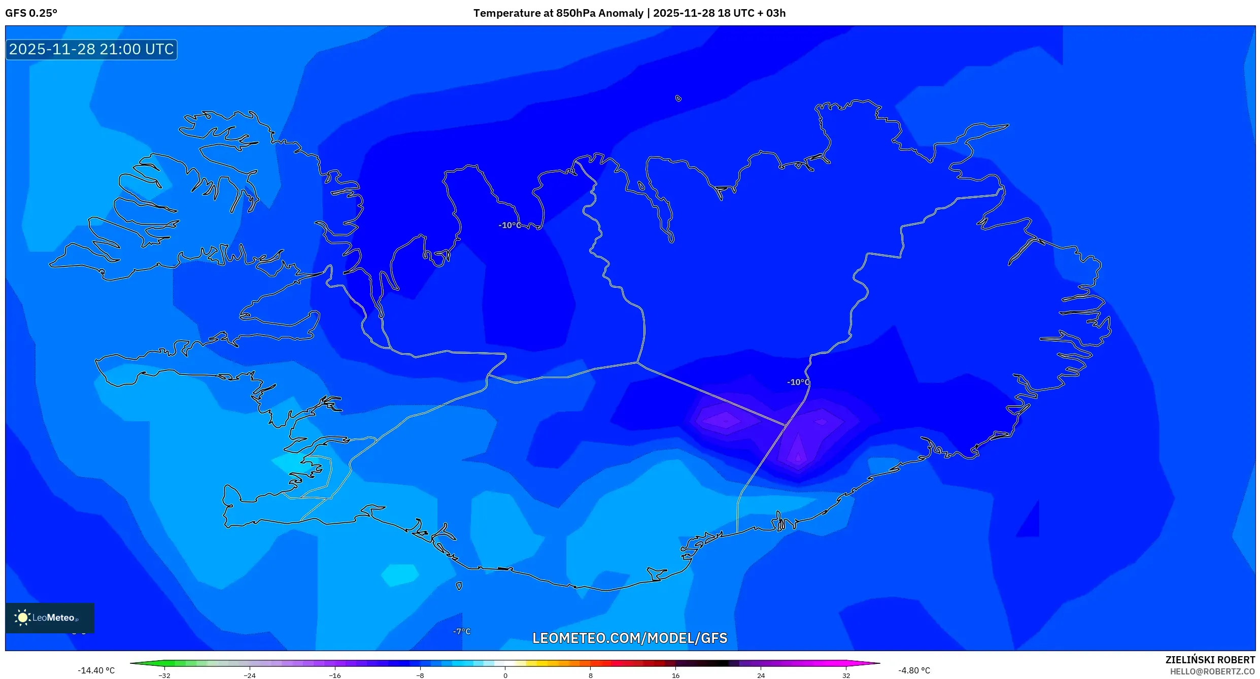 GFS model - Iceland, Temperature at 850hPa Anomaly