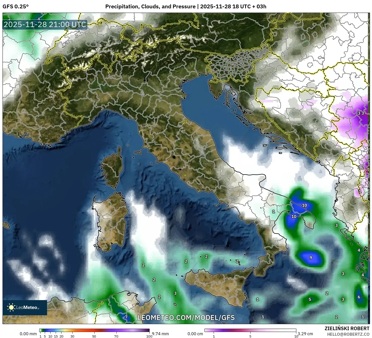 GFS model - Italy, Precipitation, Clouds, and Pressure