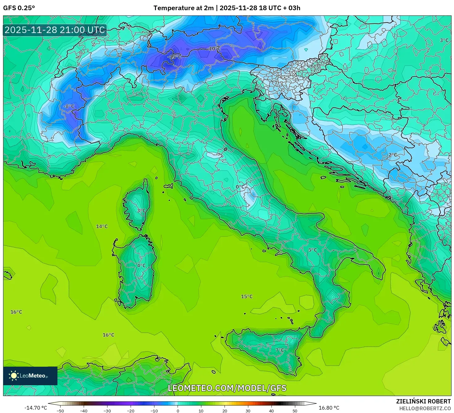 GFS model - Italy, Temperature at 2m