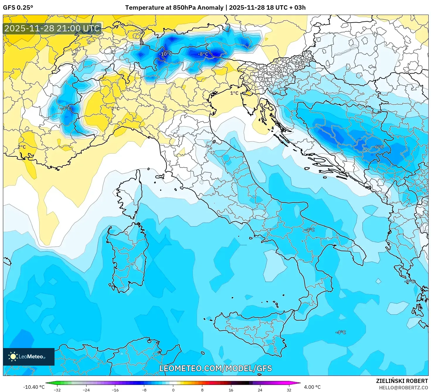 GFS model - Italy, Temperature at 850hPa Anomaly