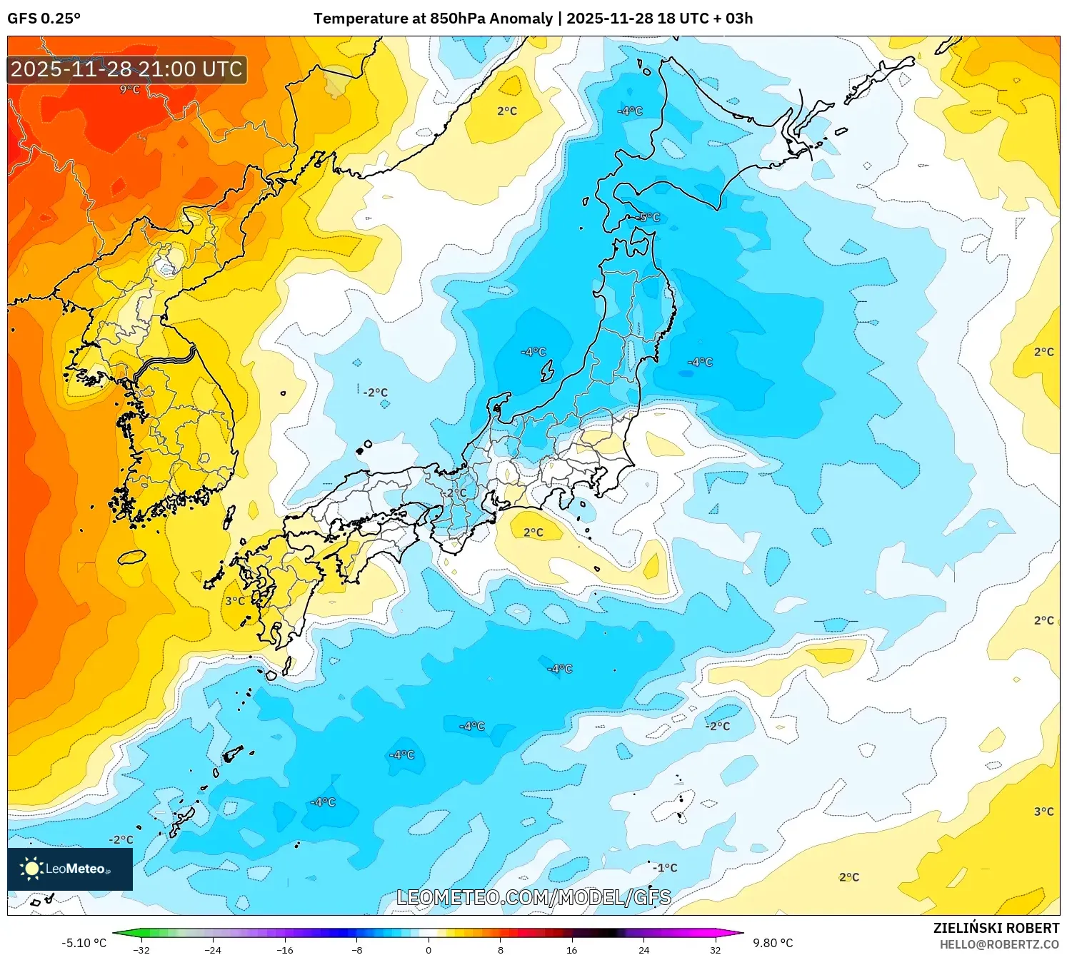GFS model - Japan, Temperature at 850hPa Anomaly