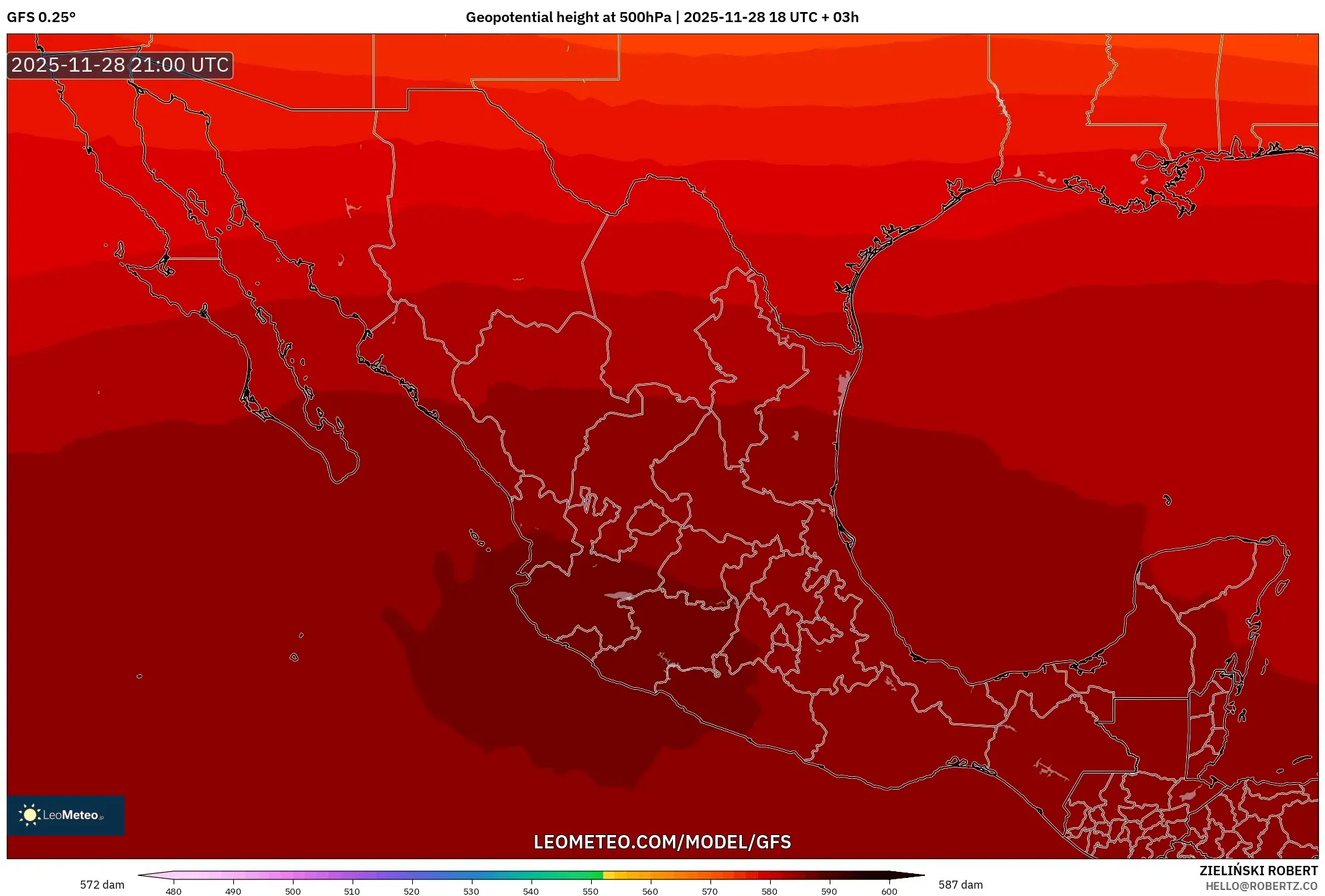 GFS model - Mexico, Geopotential height at 500hPa