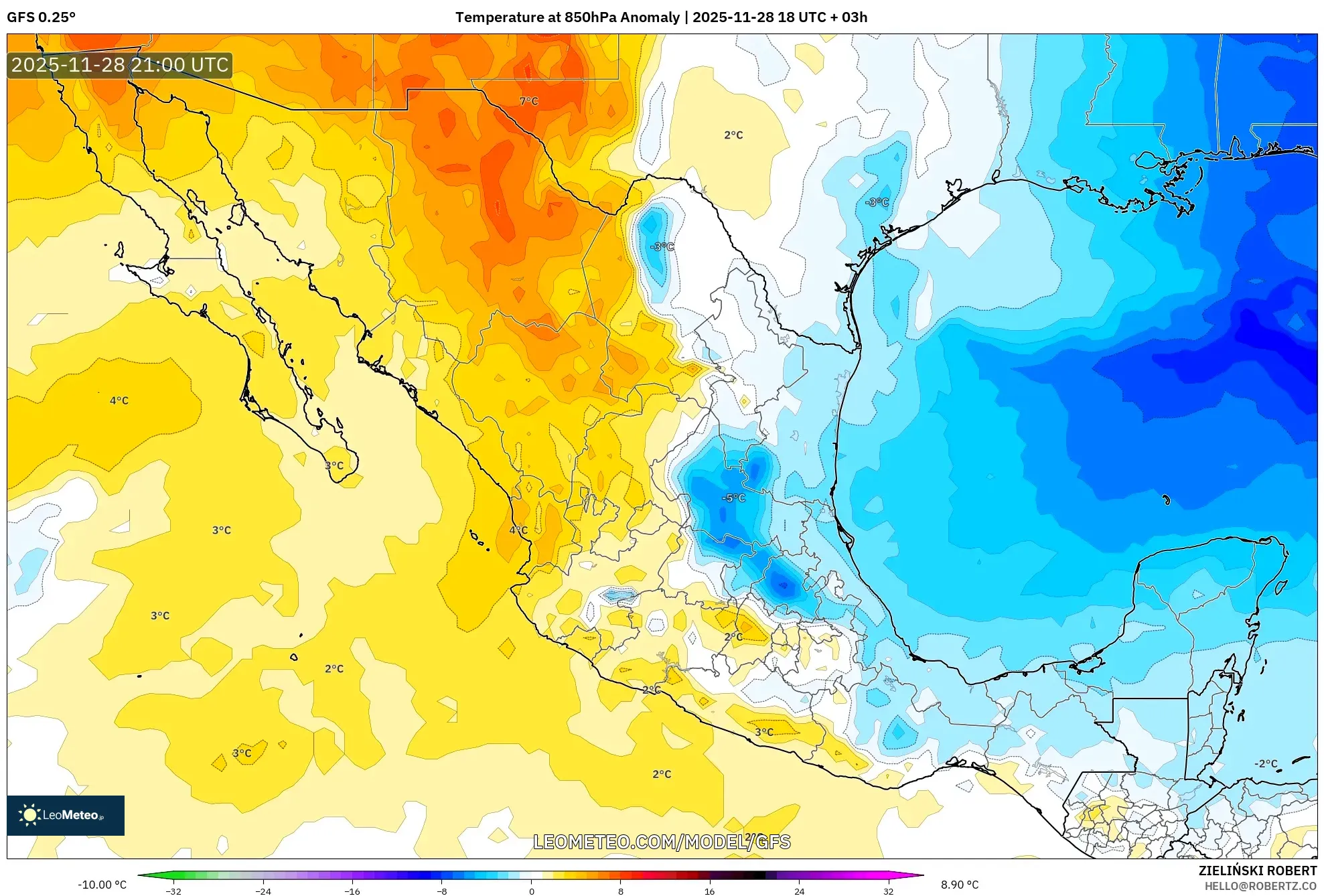 GFS model - Mexico, Temperature at 850hPa Anomaly