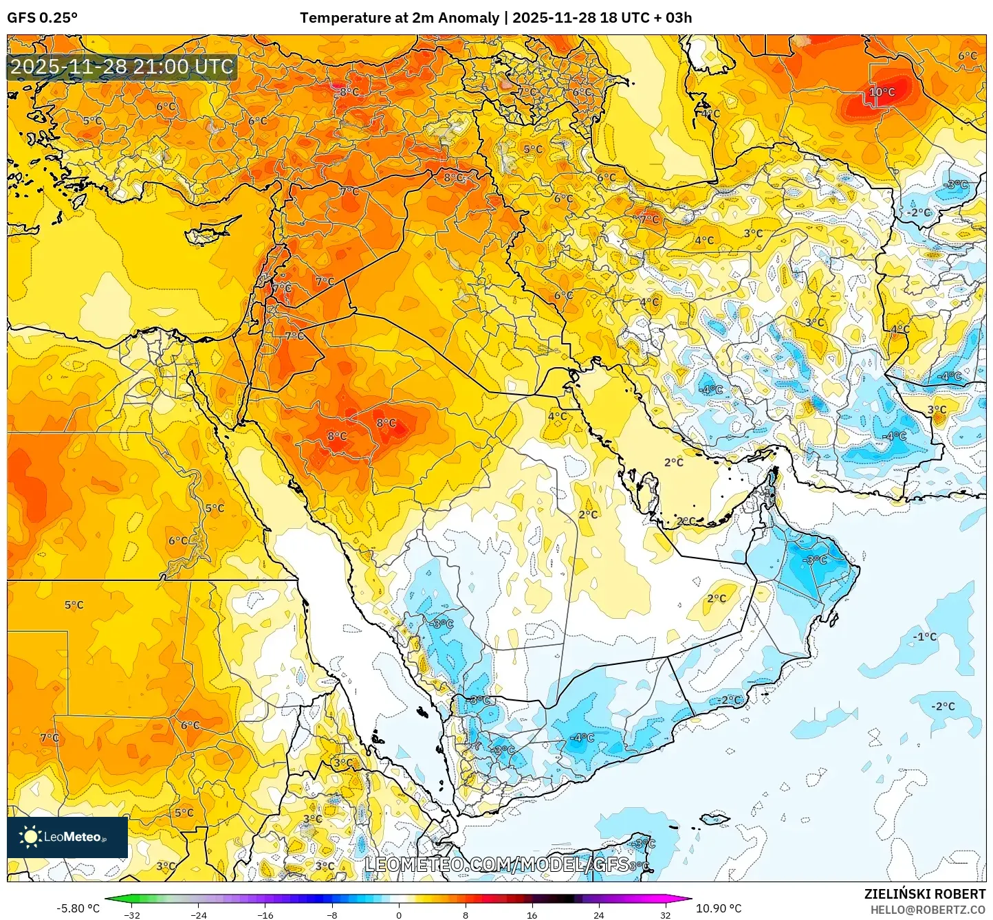 GFS model - Middle East, Temperature at 2m Anomaly