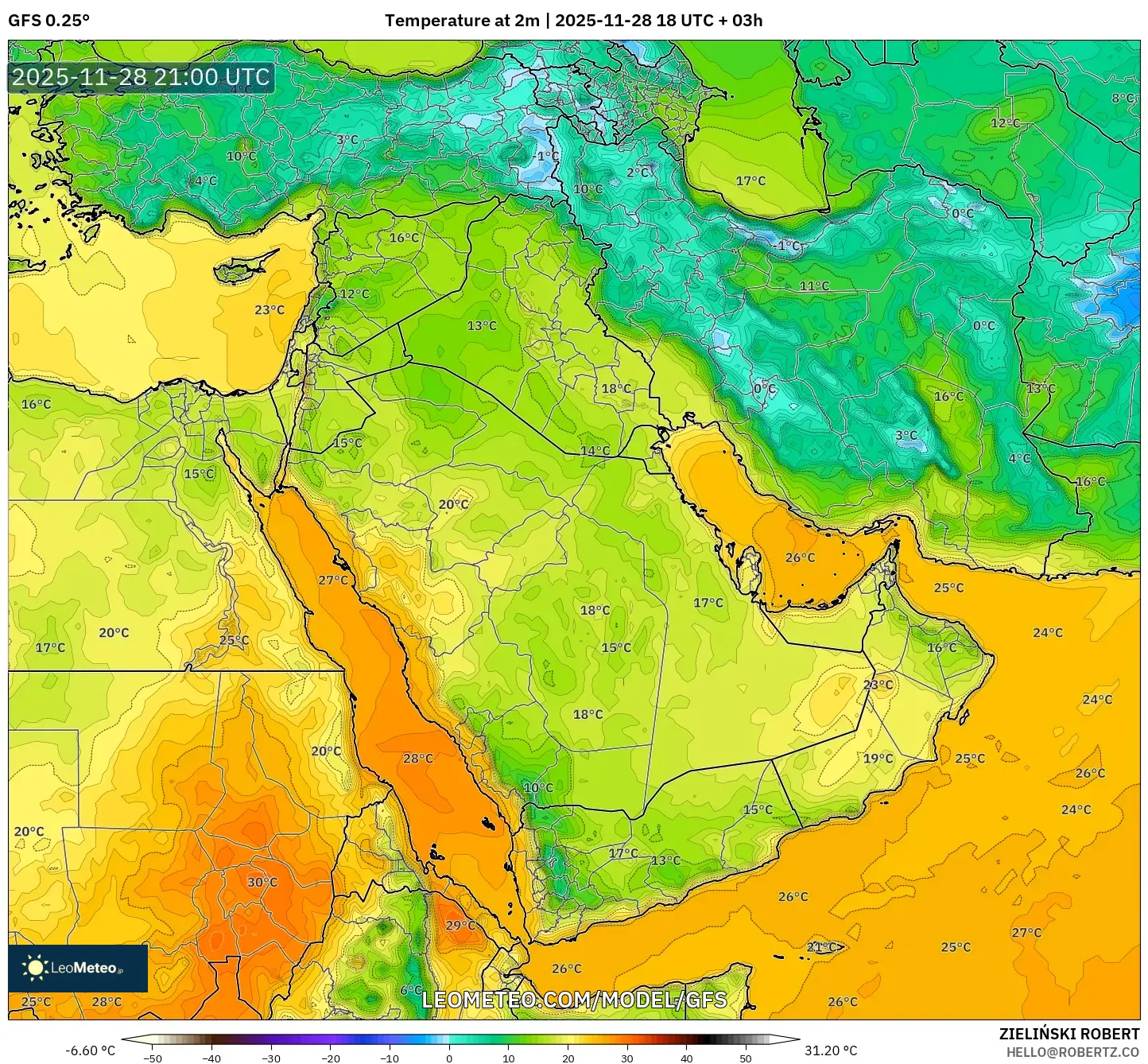 GFS model - Middle East, Temperature at 2m