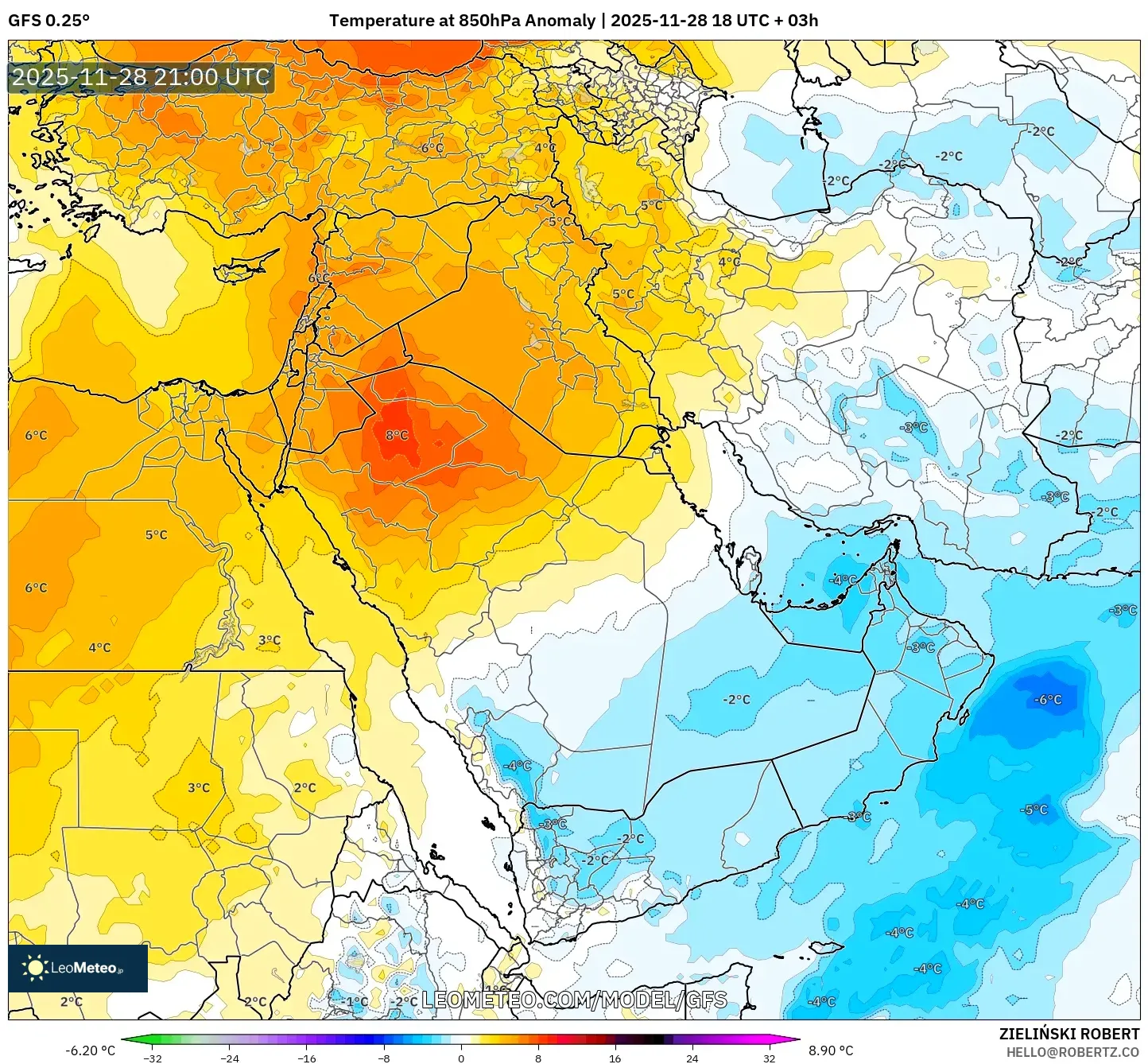 GFS model - Middle East, Temperature at 850hPa Anomaly