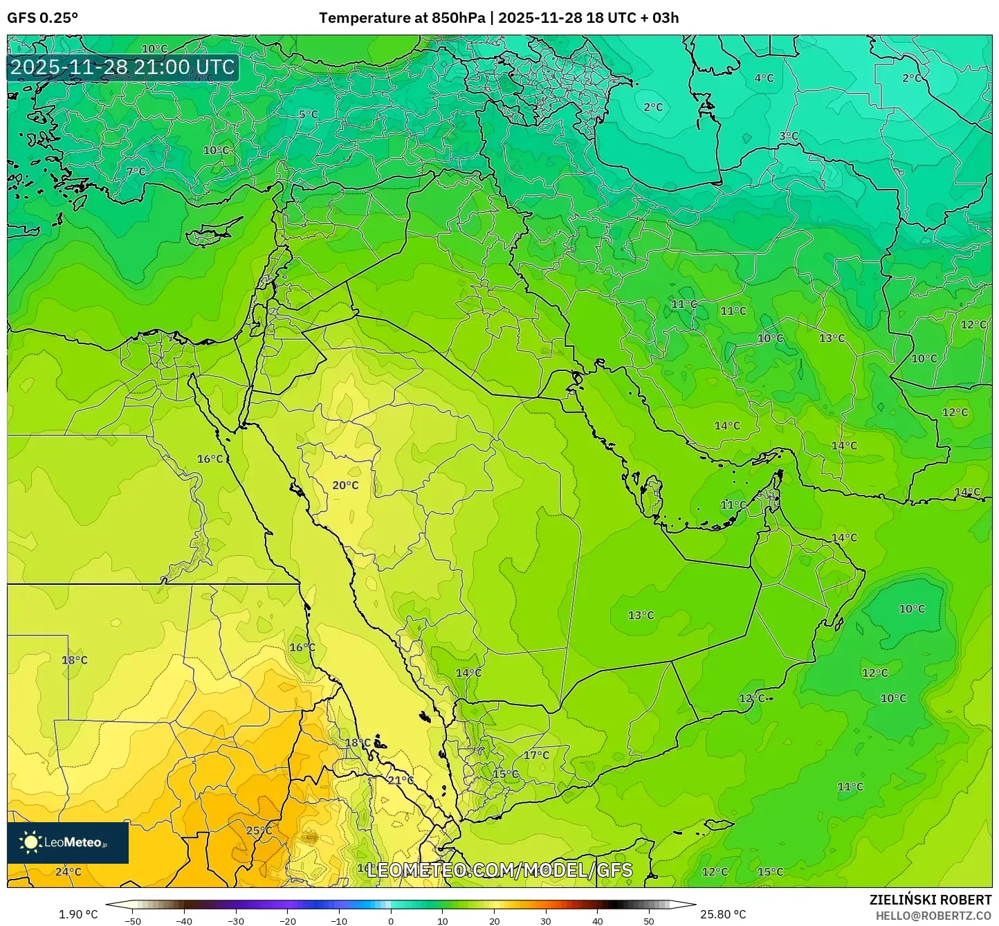 GFS model - Middle East, Temperature at 850hPa