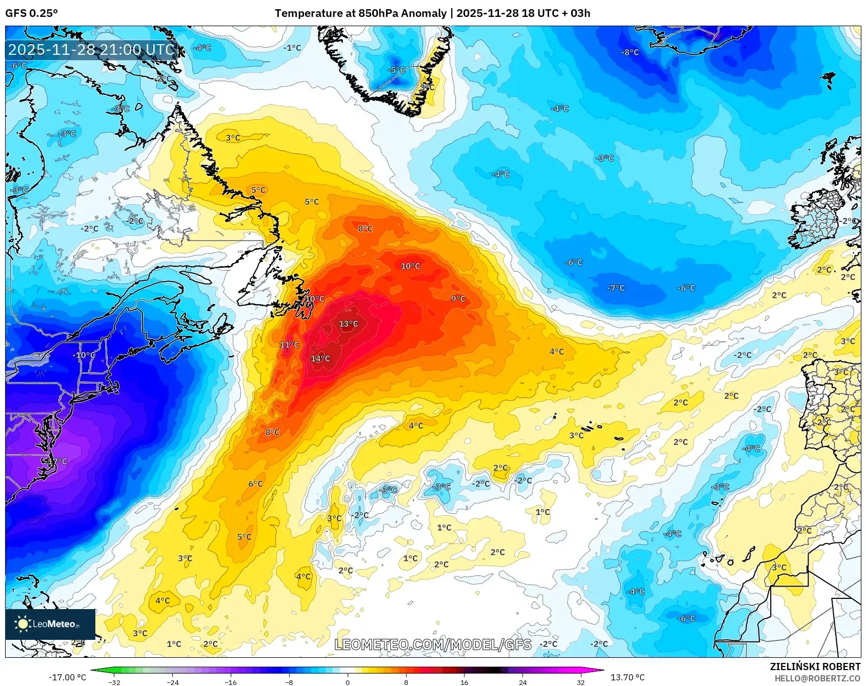GFS model - North Atlantic, Temperature at 850hPa Anomaly