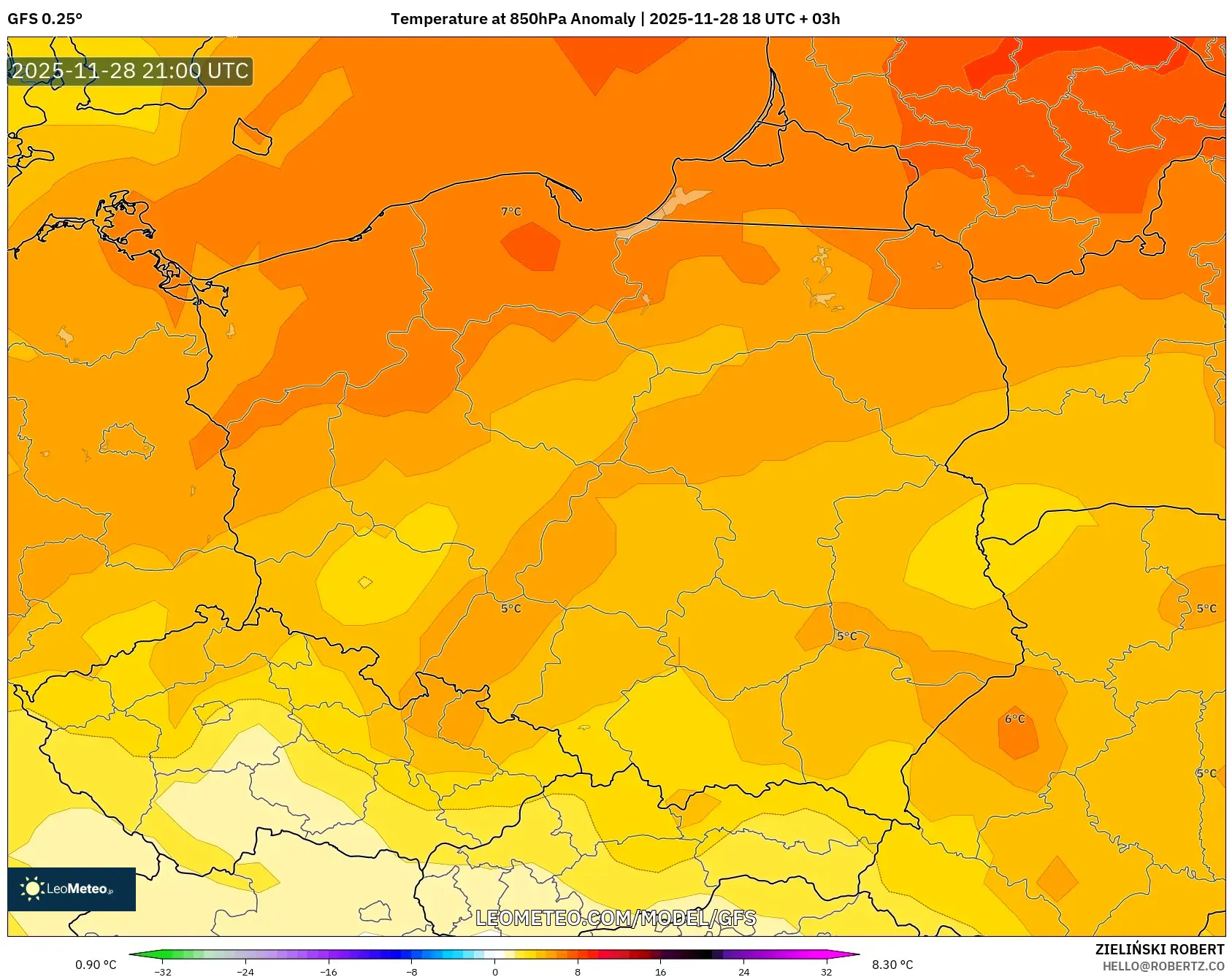 GFS model - Poland, Temperature at 850hPa Anomaly