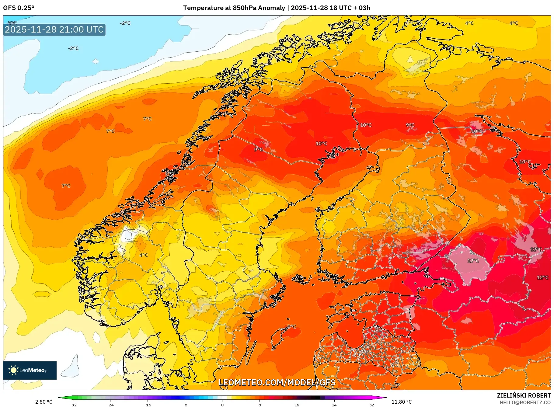 GFS model - Scandinavia, Temperature at 850hPa Anomaly