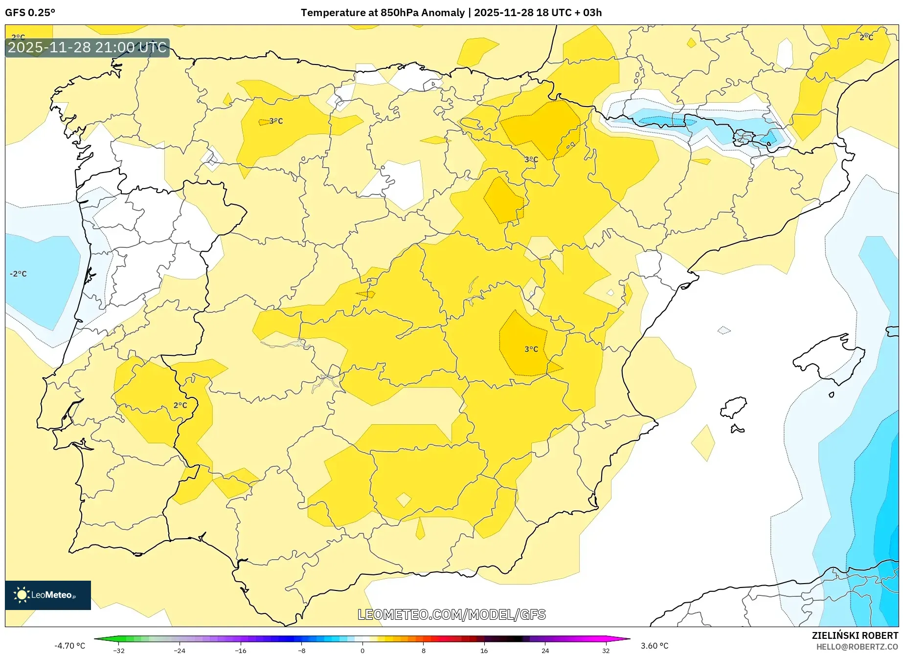 GFS model - Spain, Temperature at 850hPa Anomaly