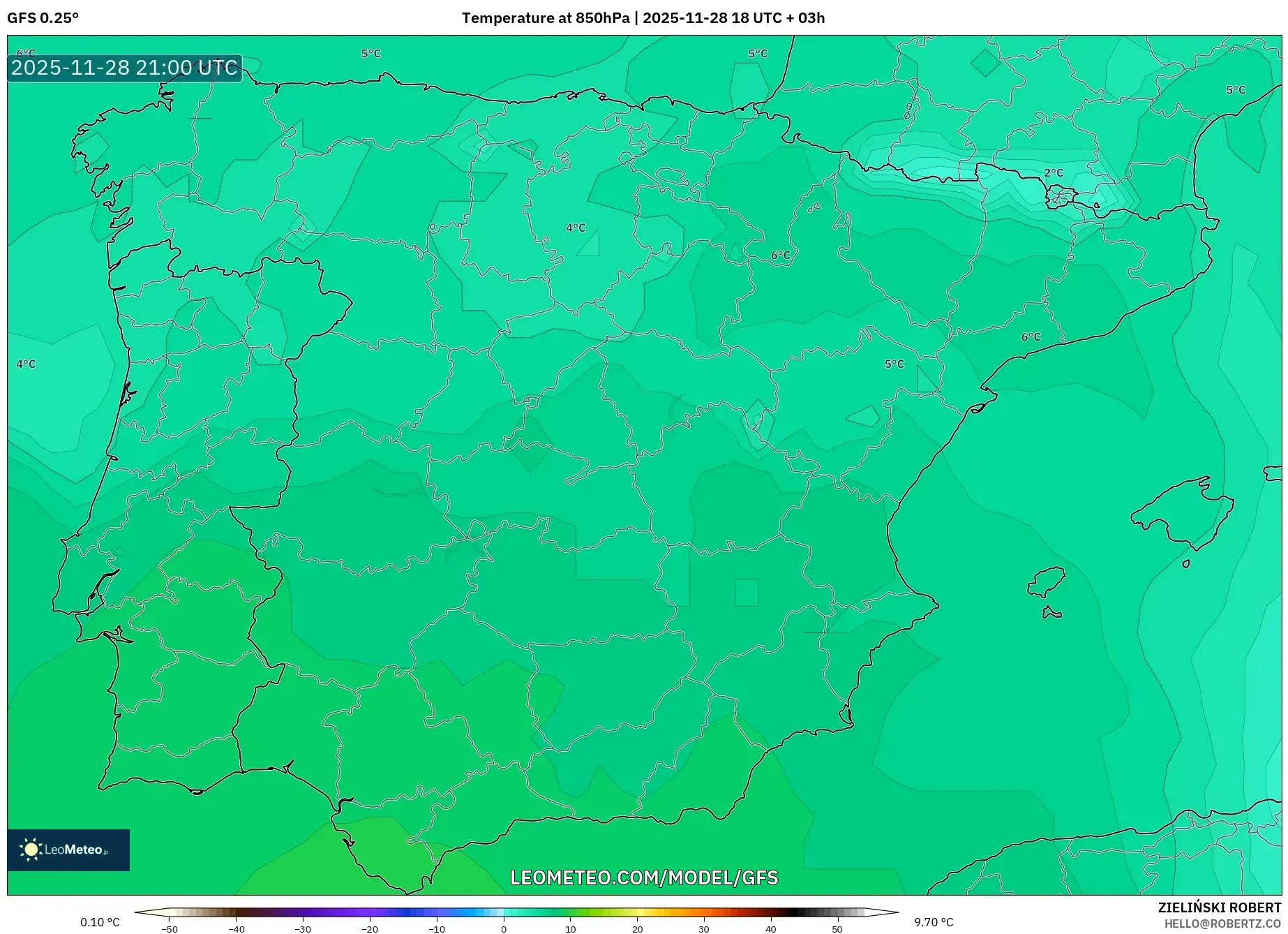 GFS model - Spain, Temperature at 850hPa