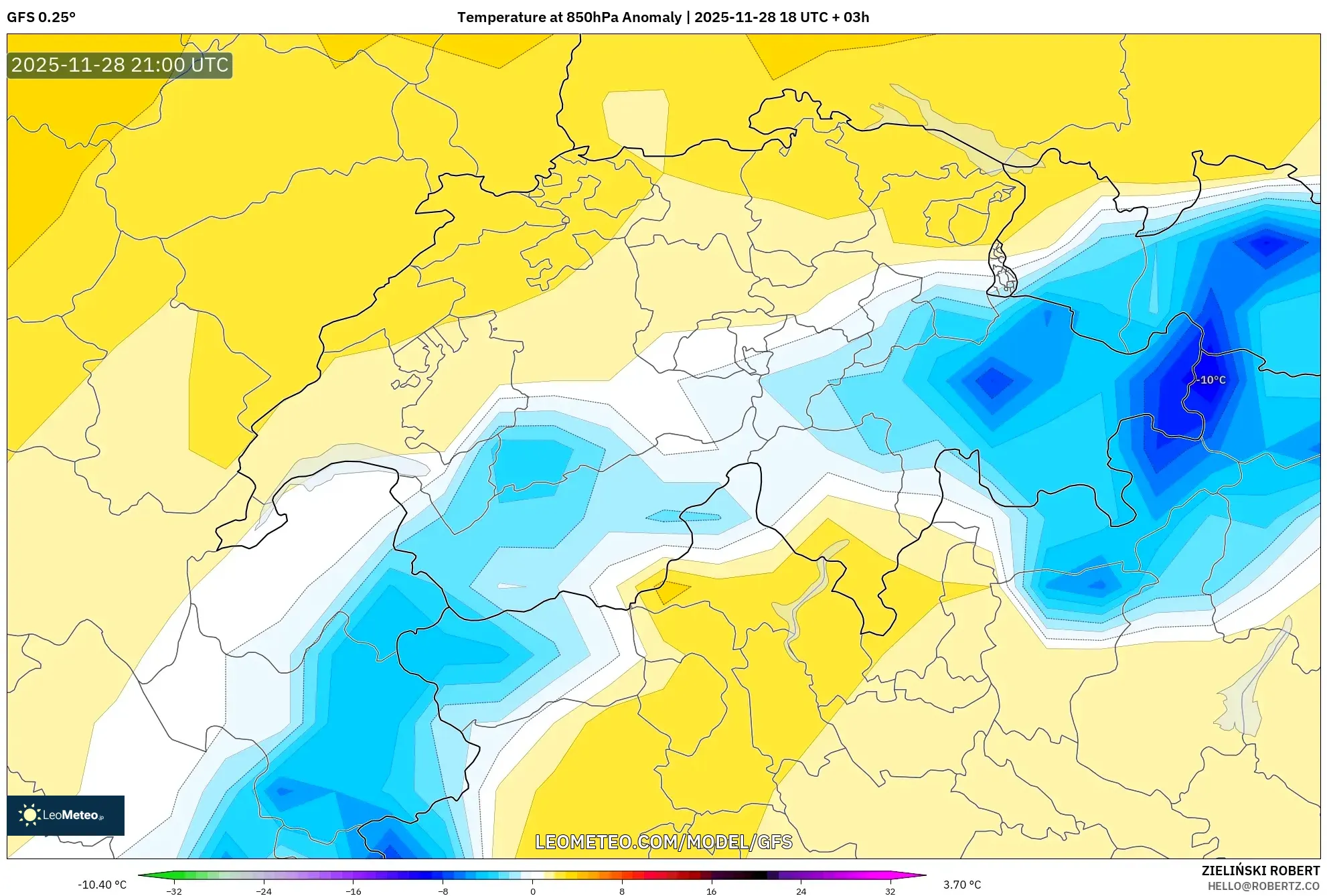 GFS model - Switzerland, Temperature at 850hPa Anomaly
