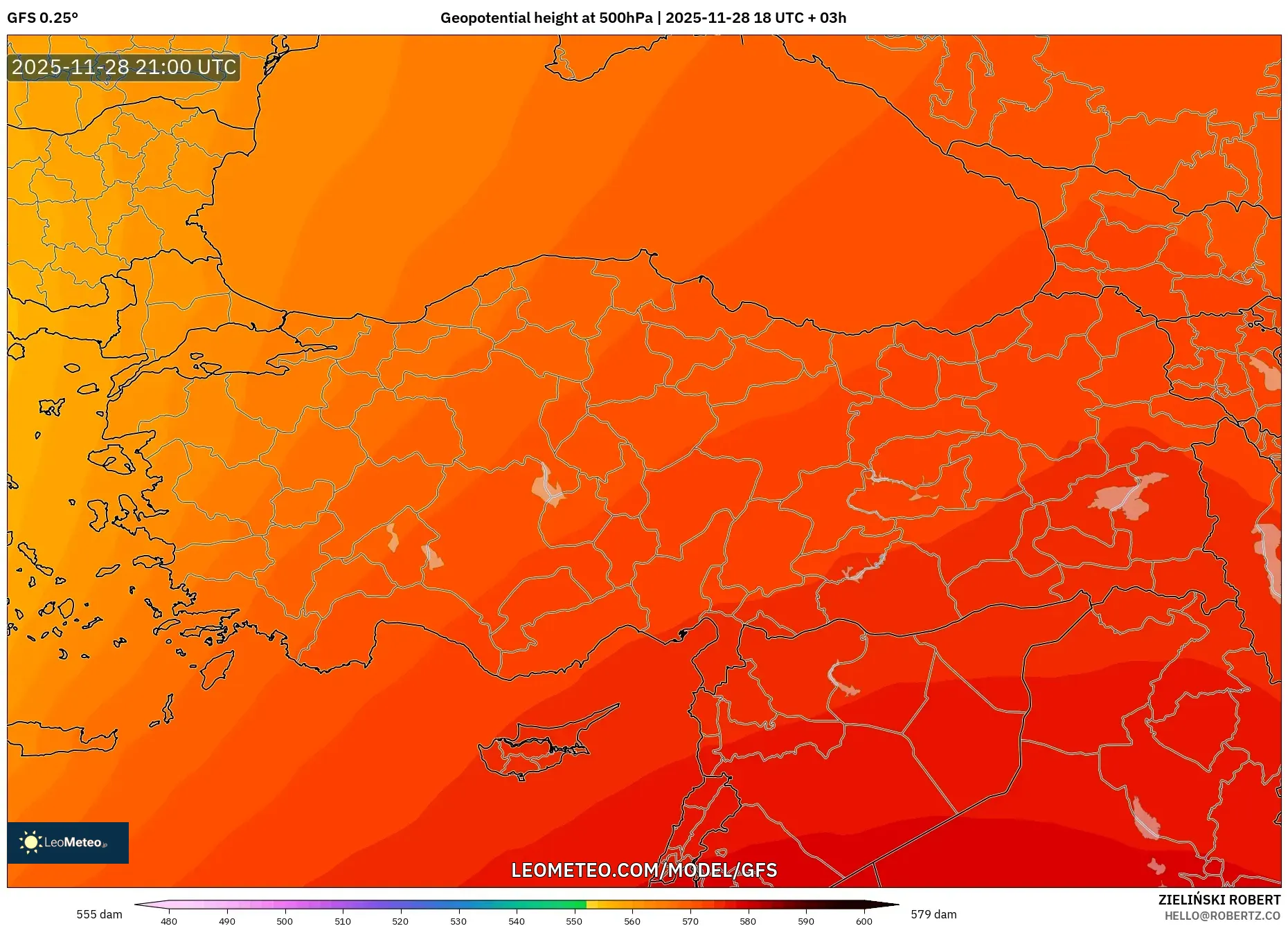 GFS model - Turkey, Geopotential height at 500hPa