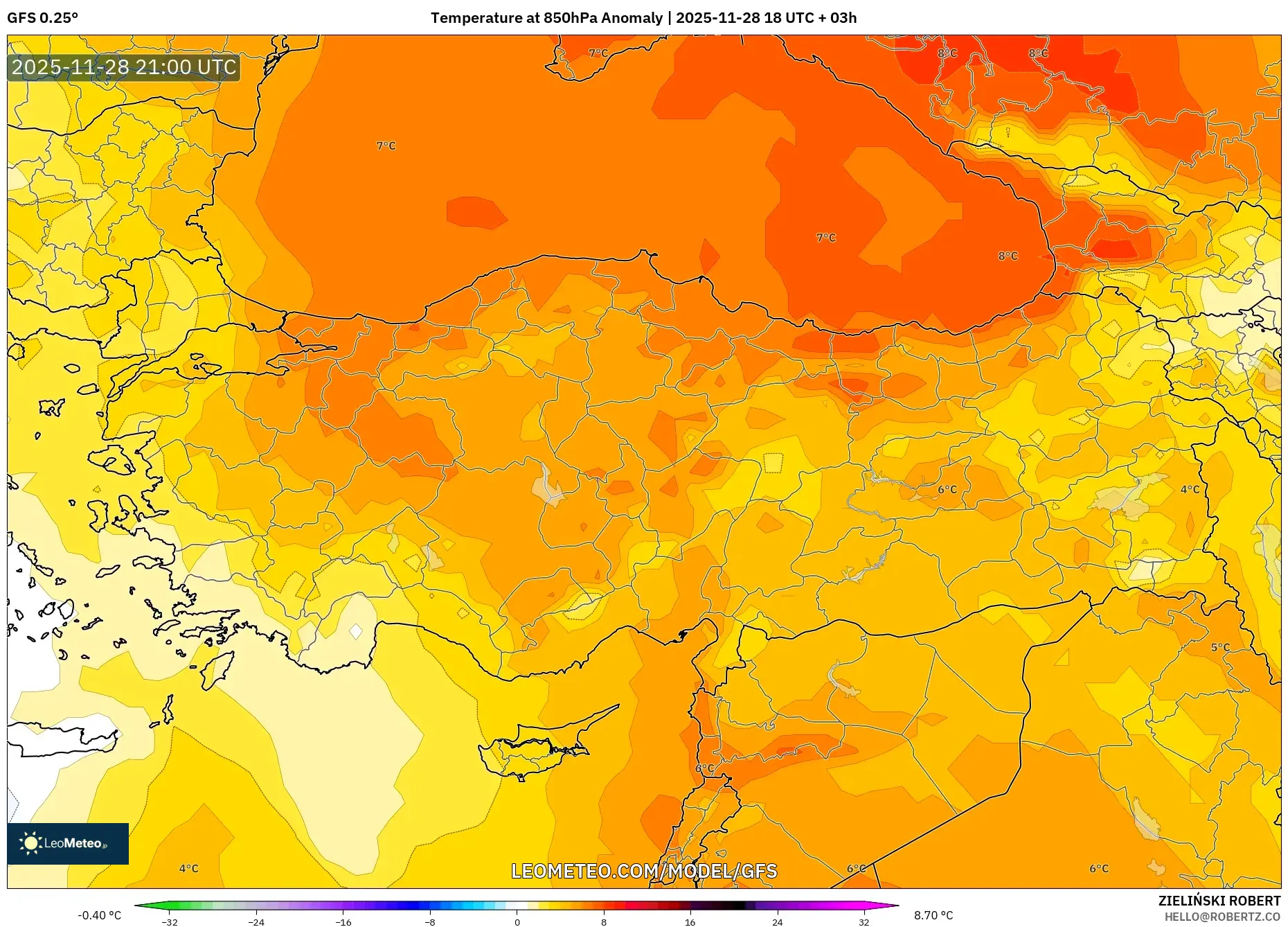 GFS model - Turkey, Temperature at 850hPa Anomaly