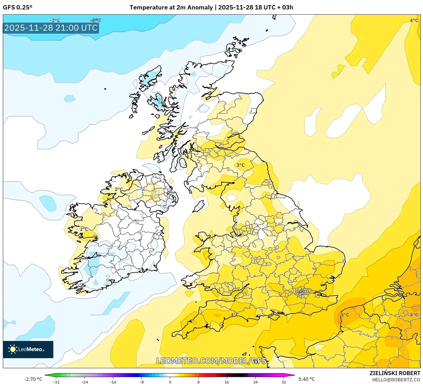 GFS model - United Kingdom, Temperature at 2m Anomaly