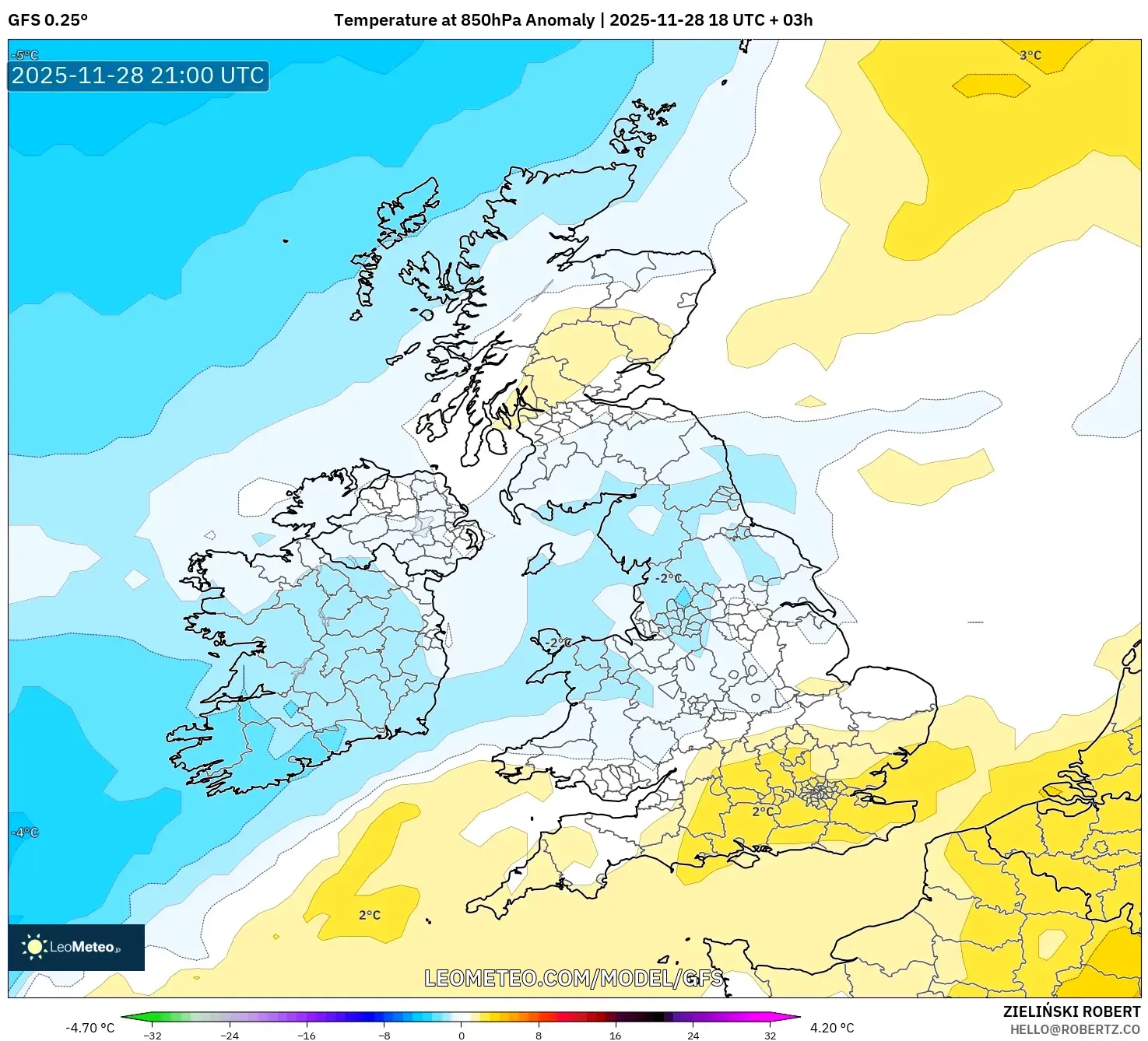 GFS model - United Kingdom, Temperature at 850hPa Anomaly
