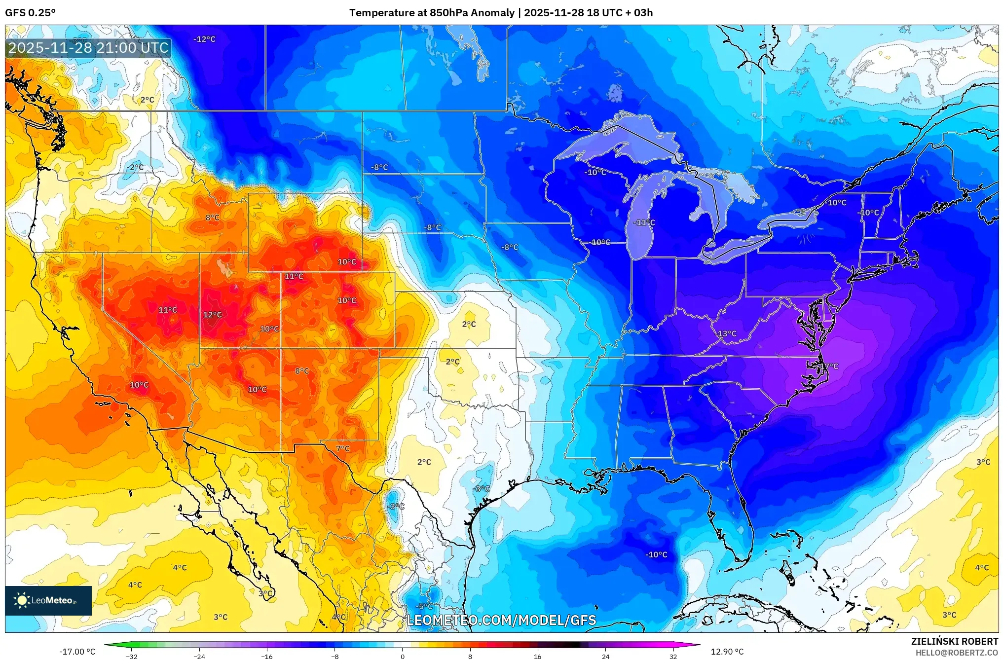 GFS model - United States, Temperature at 850hPa Anomaly