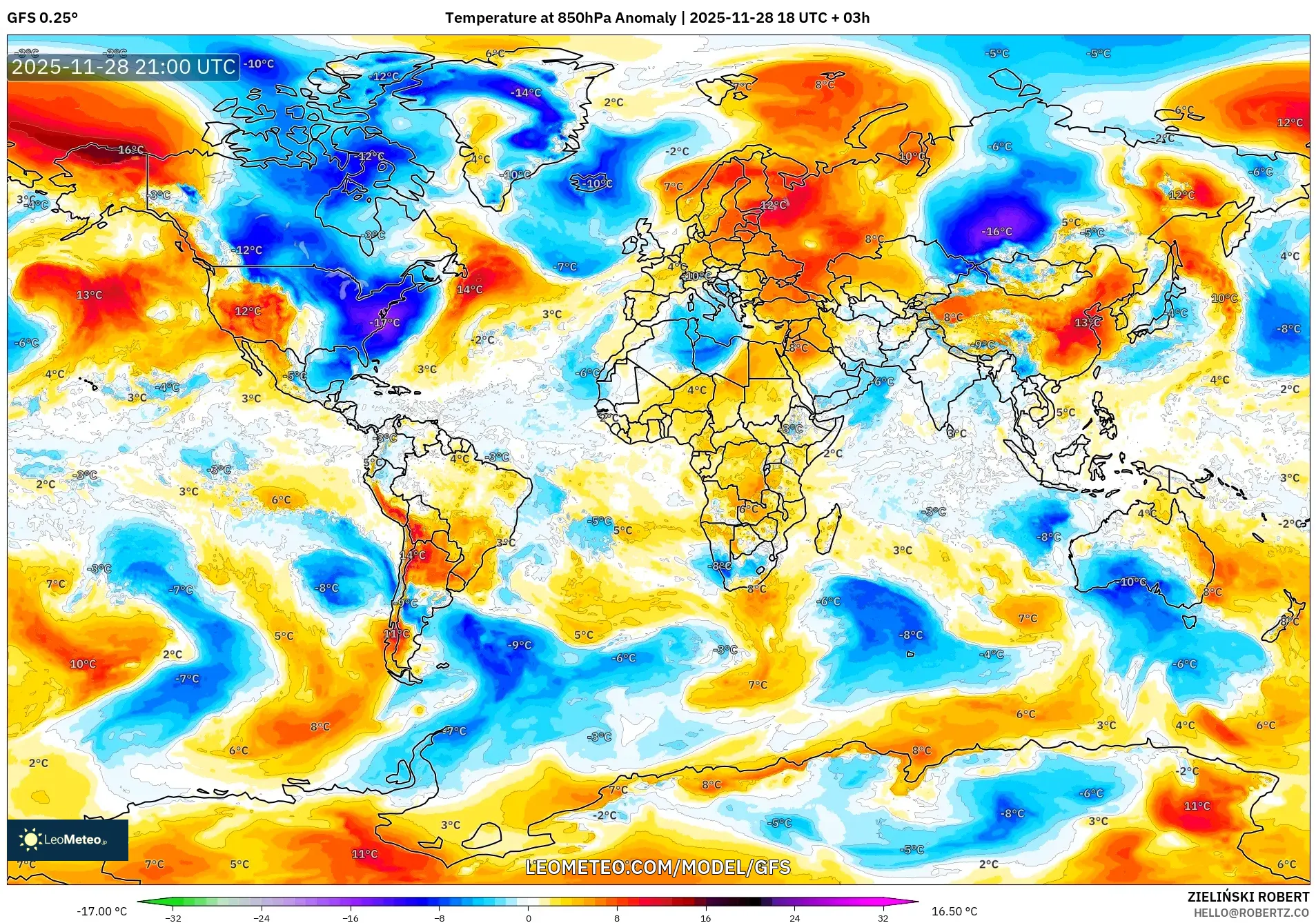 GFS model - World, Temperature at 850hPa Anomaly