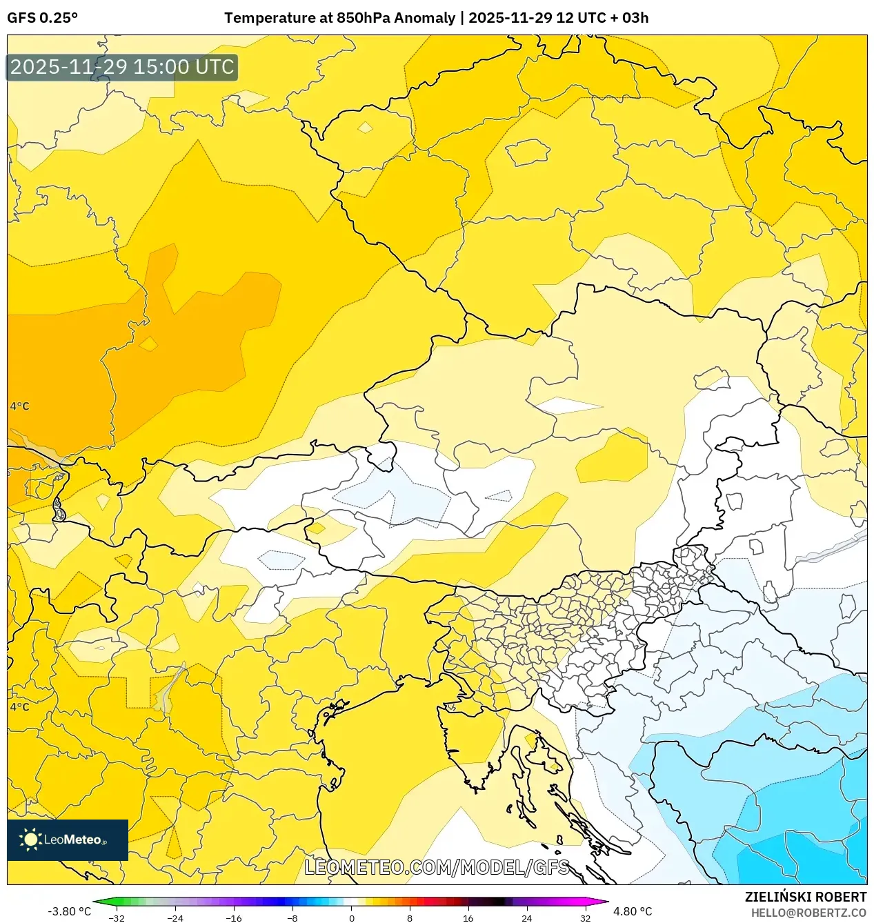 GFS model - Austria, Temperature at 850hPa Anomaly