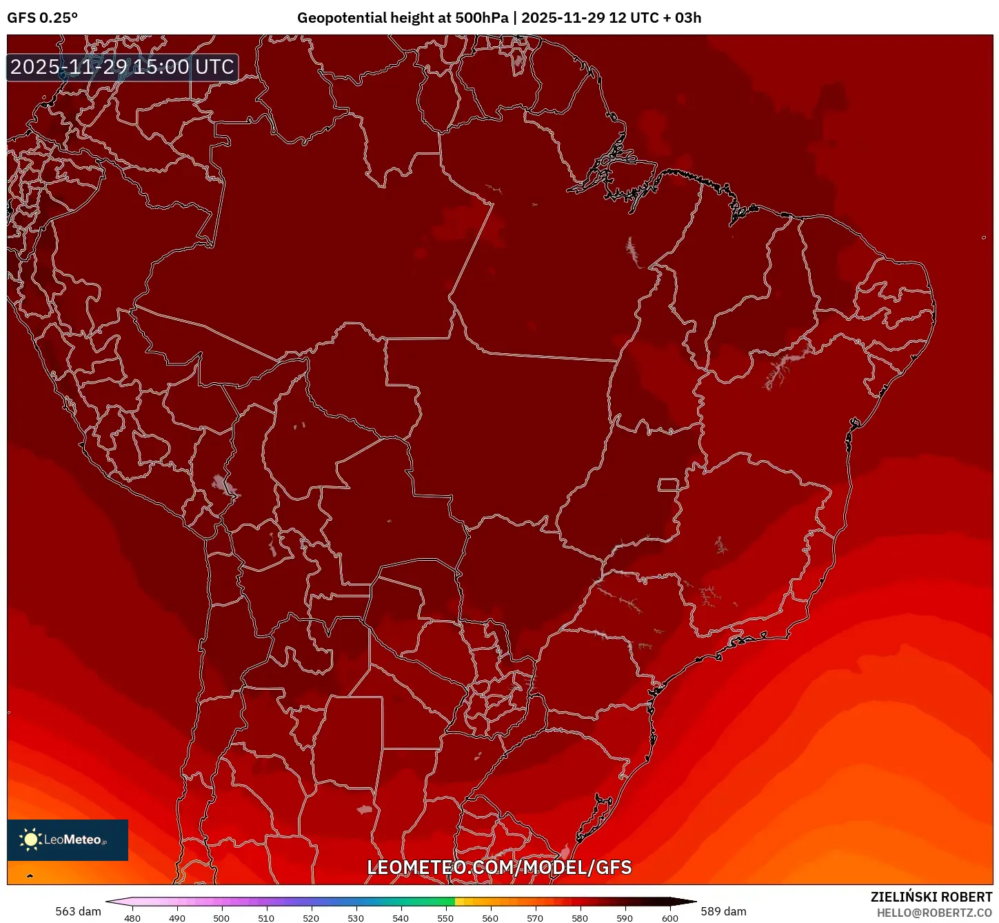 GFS model - Brazil, Geopotential height at 500hPa