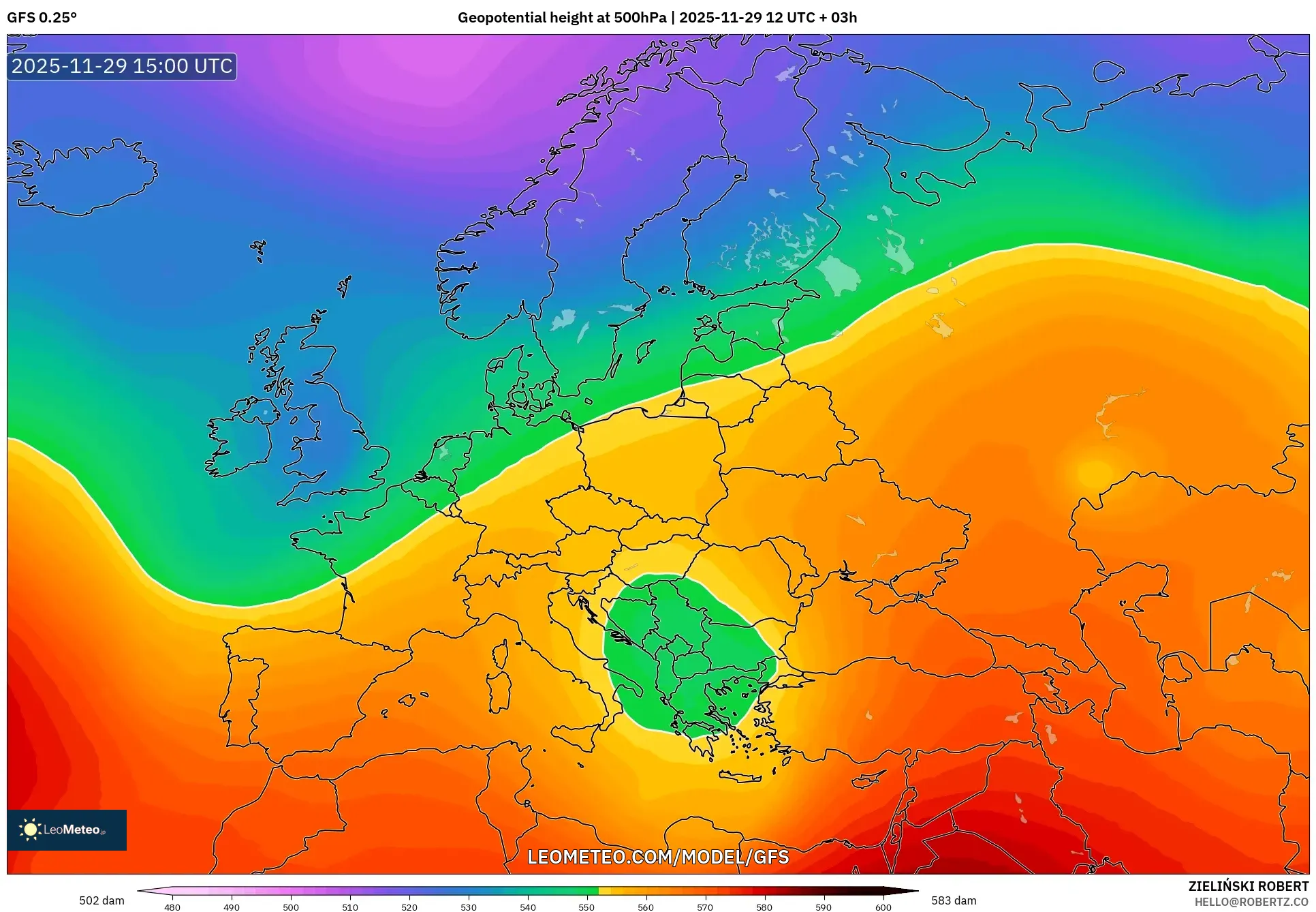 GFS model - Europe, Geopotential height at 500hPa