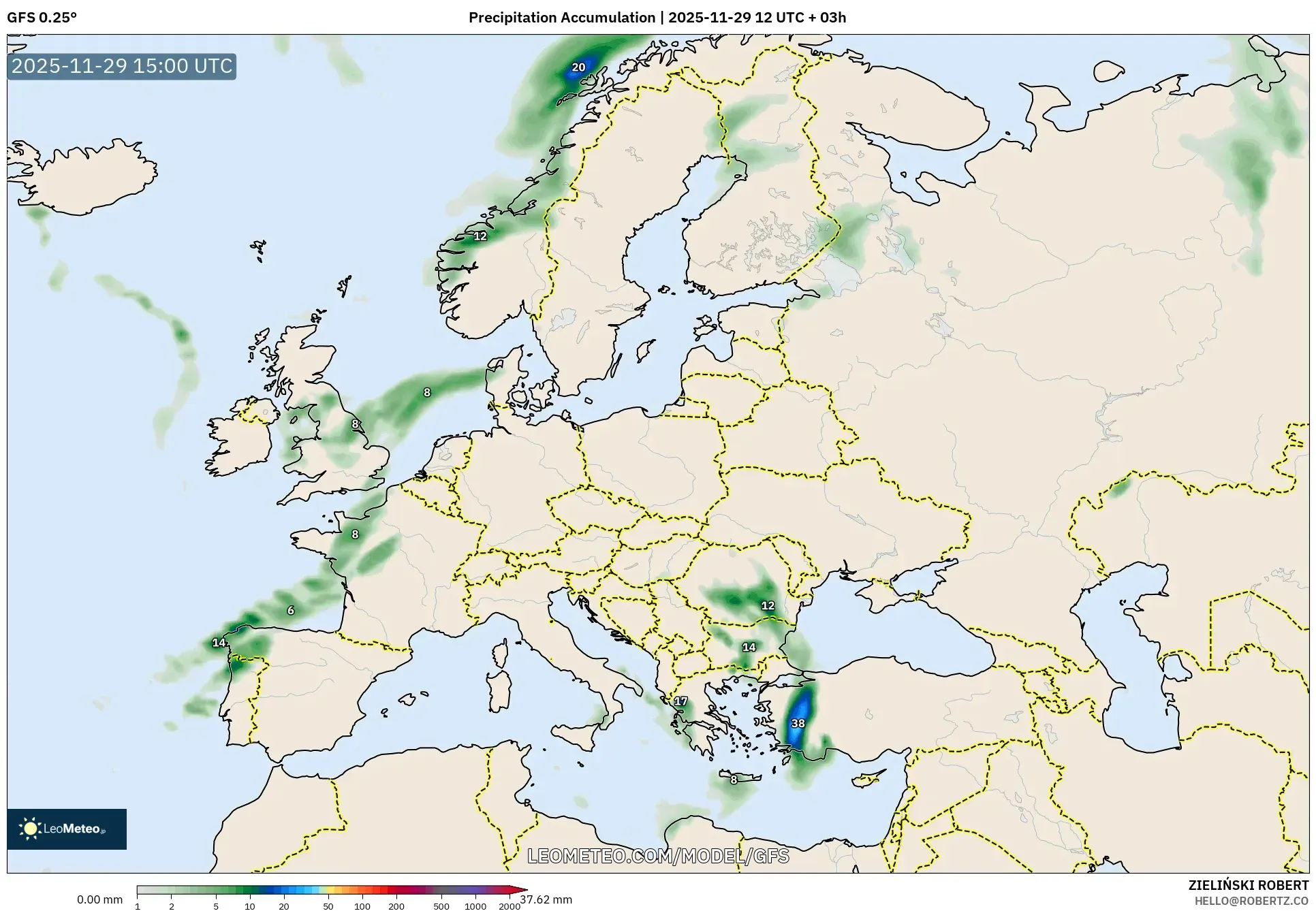 GFS model - Europe, Precipitation Accumulation