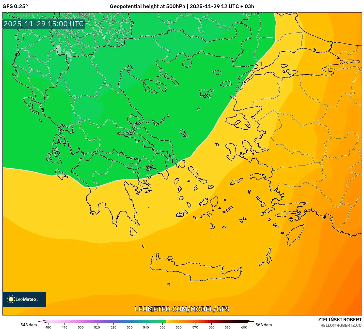 GFS model - Greece, Geopotential height at 500hPa