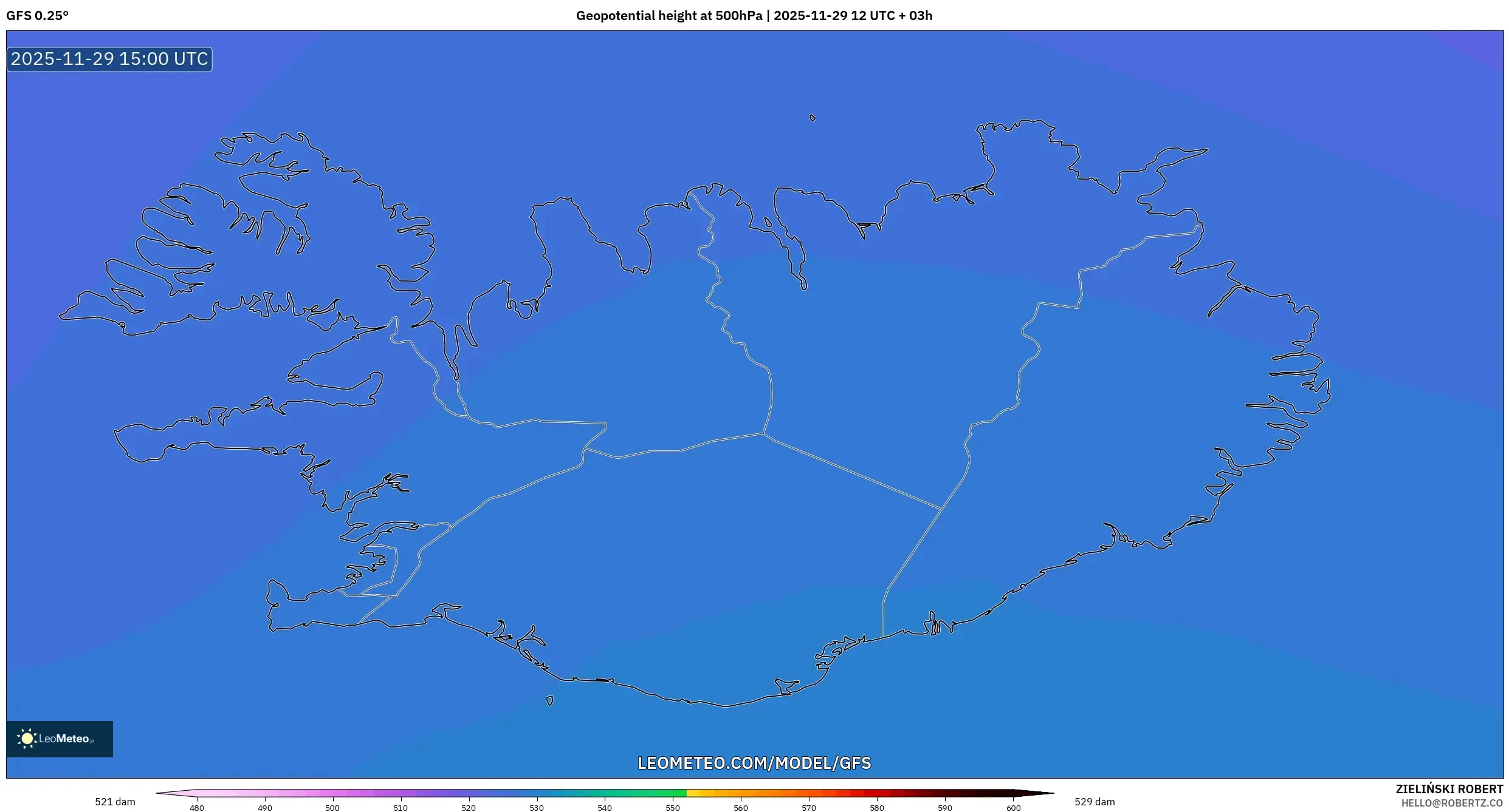 GFS model - Iceland, Geopotential height at 500hPa