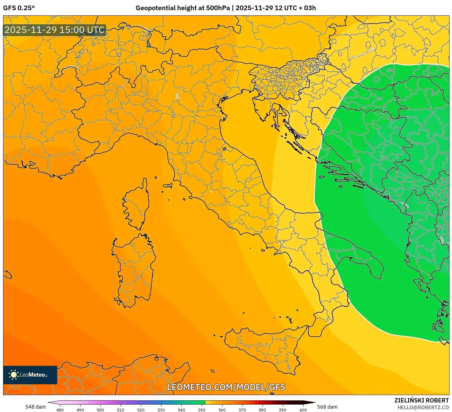 GFS model - Italy, Geopotential height at 500hPa