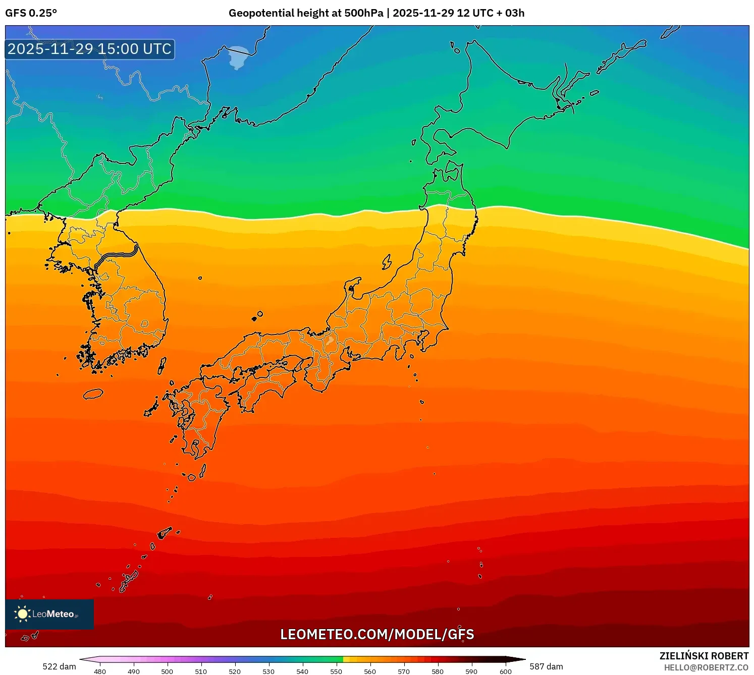 GFS model - Japan, Geopotential height at 500hPa