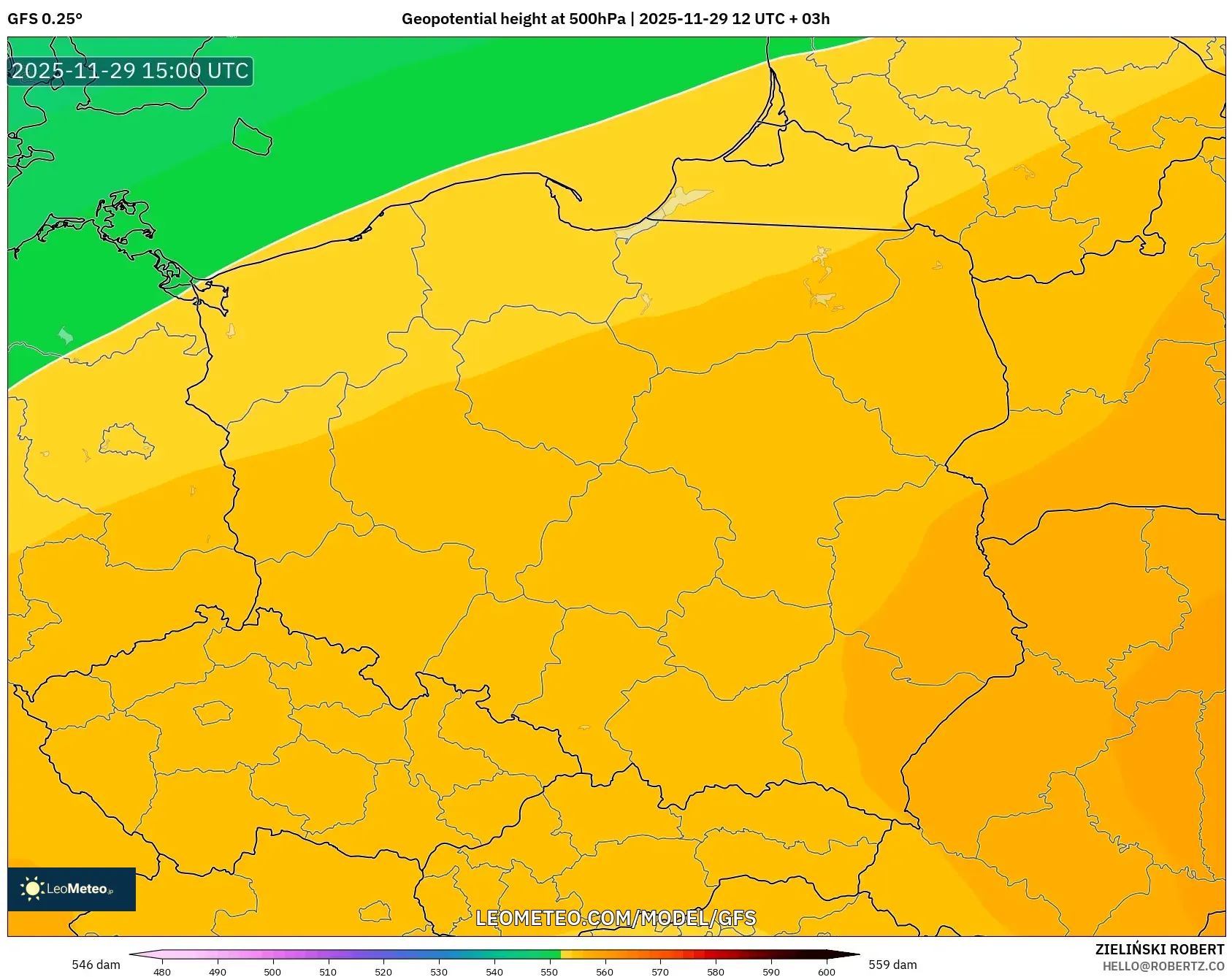 GFS model - Poland, Geopotential height at 500hPa