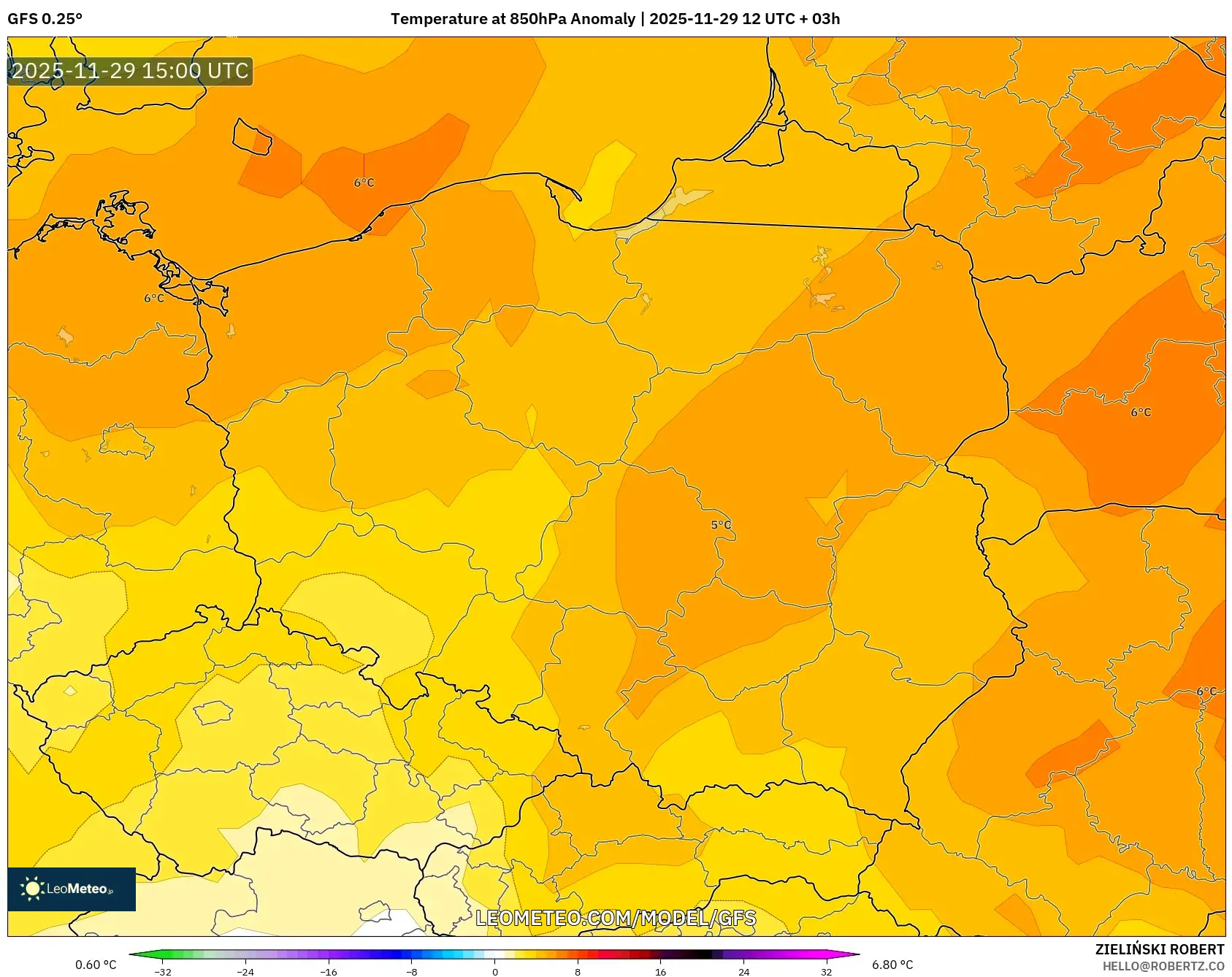 GFS model - Poland, Temperature at 850hPa Anomaly