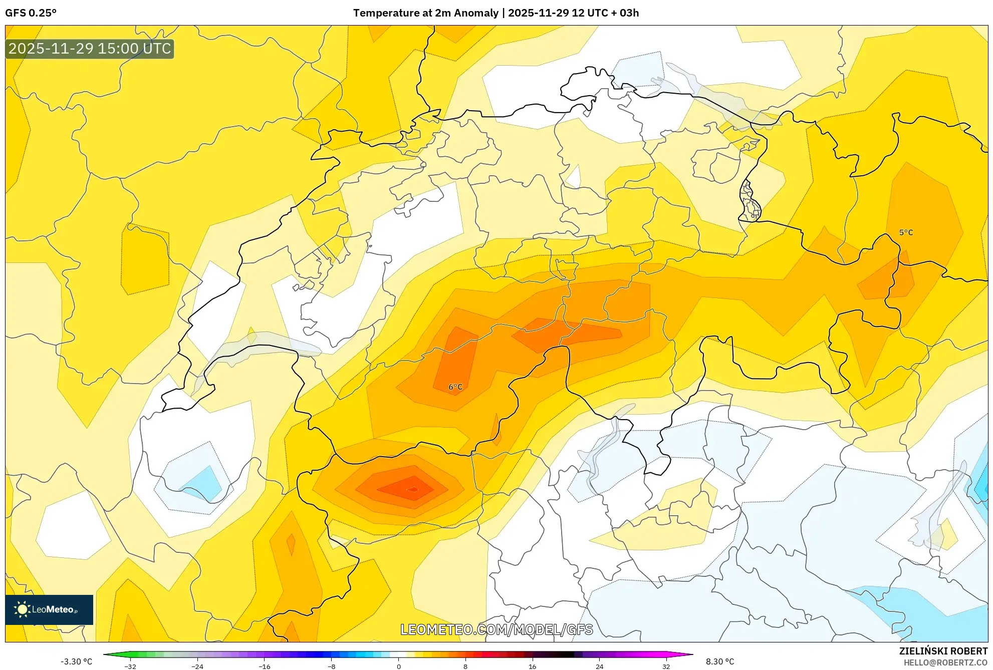 GFS model - Switzerland, Temperature at 2m Anomaly