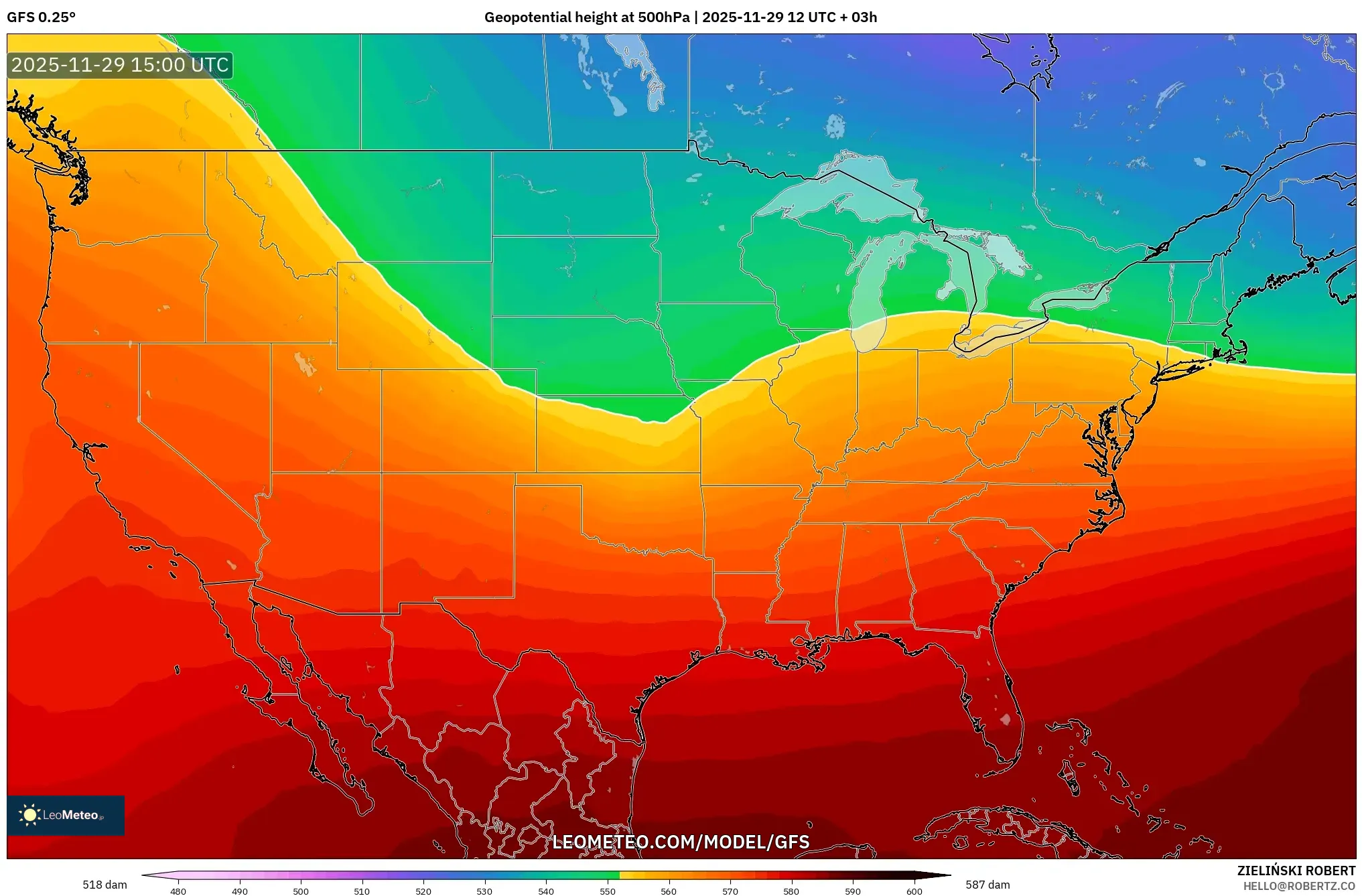 GFS model - United States, Geopotential height at 500hPa