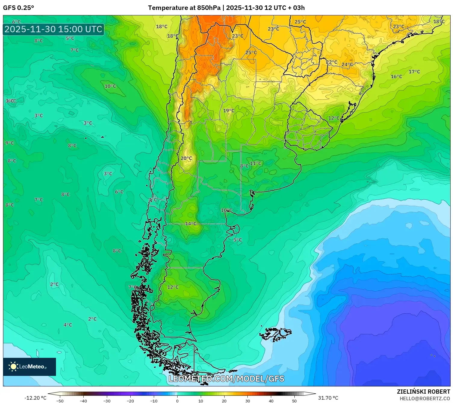 GFS model - Argentina, Temperature at 850hPa